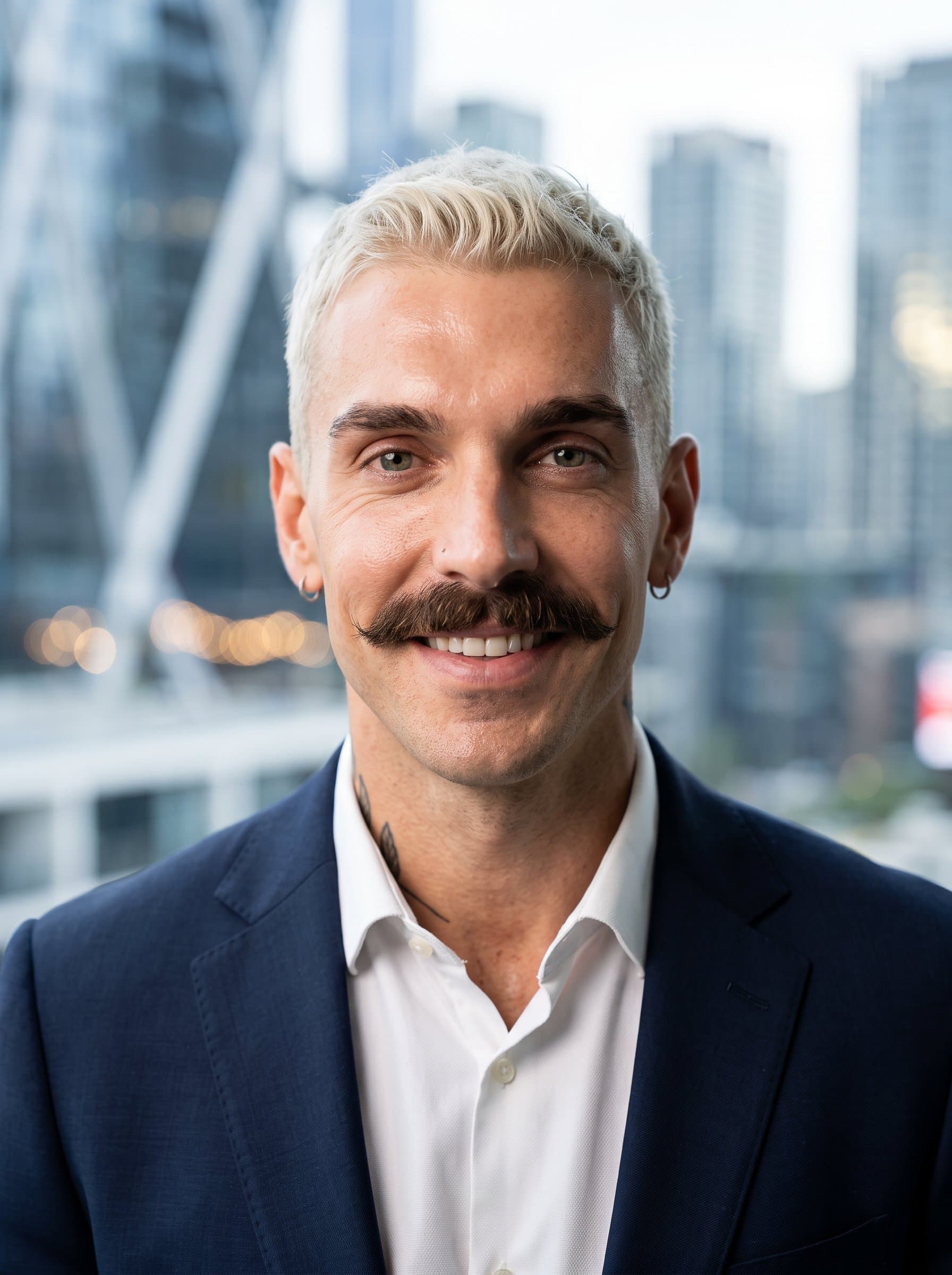 : Design a sophisticated headshot featuring a gentle smile, with natural lighting accentuating smooth skin tones. The blurred cityscape in the background evokes a sense of contemporary urban sophistication.