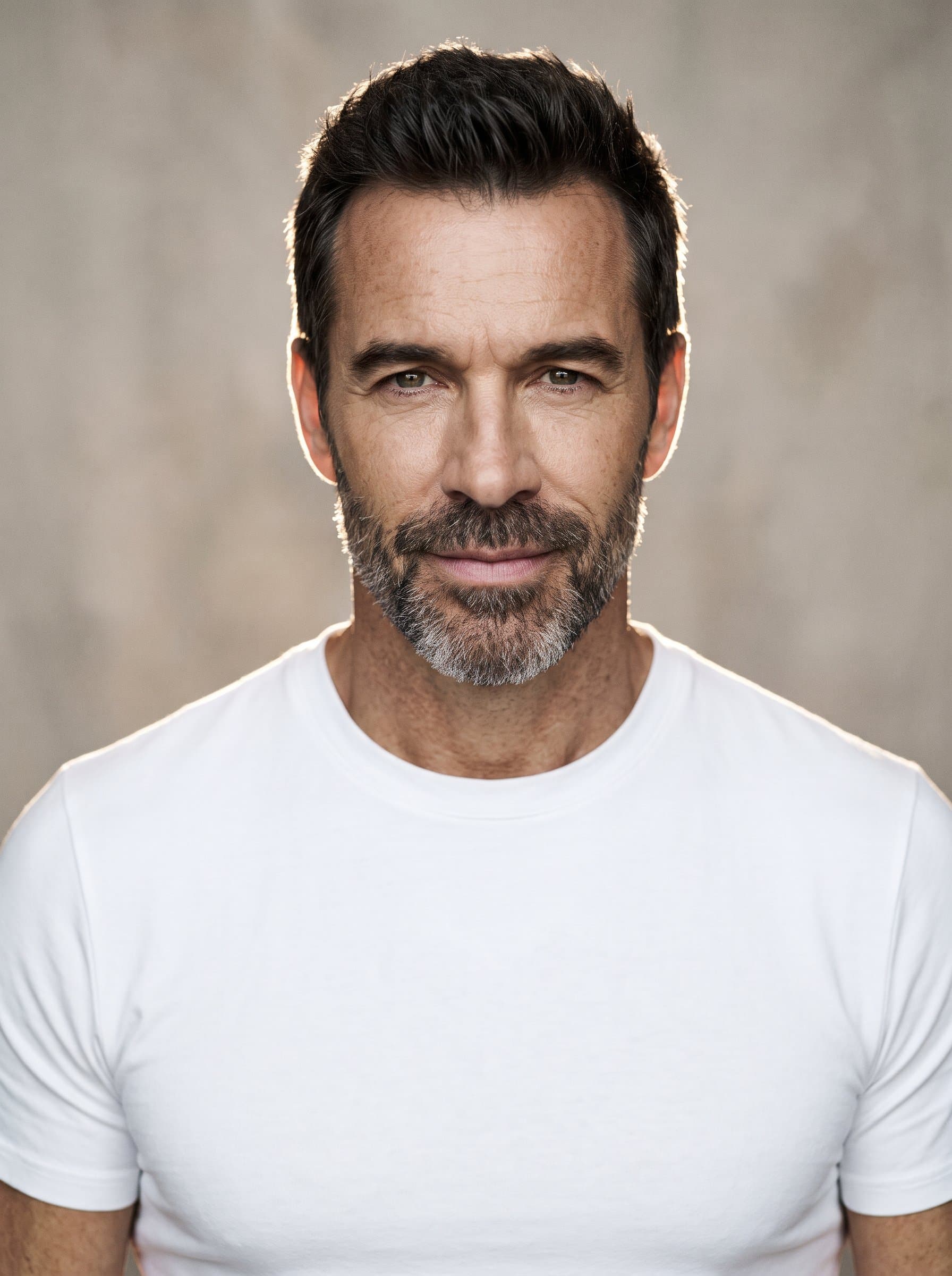 : Photograph a powerful headshot with a subtle smile. Use gentle backlight to create a halo effect around the hair, against a clean, softly blurred studio background for a high-fashion feel.