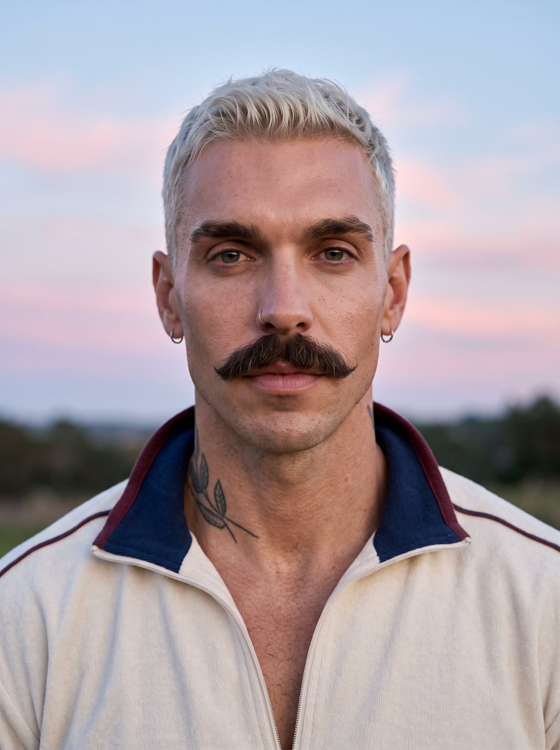 : Generate a striking headshot that captures the man in a serene outdoor setting. Soft shadows and a pastel-hued sky in the background combine to convey confidence and natural beauty.