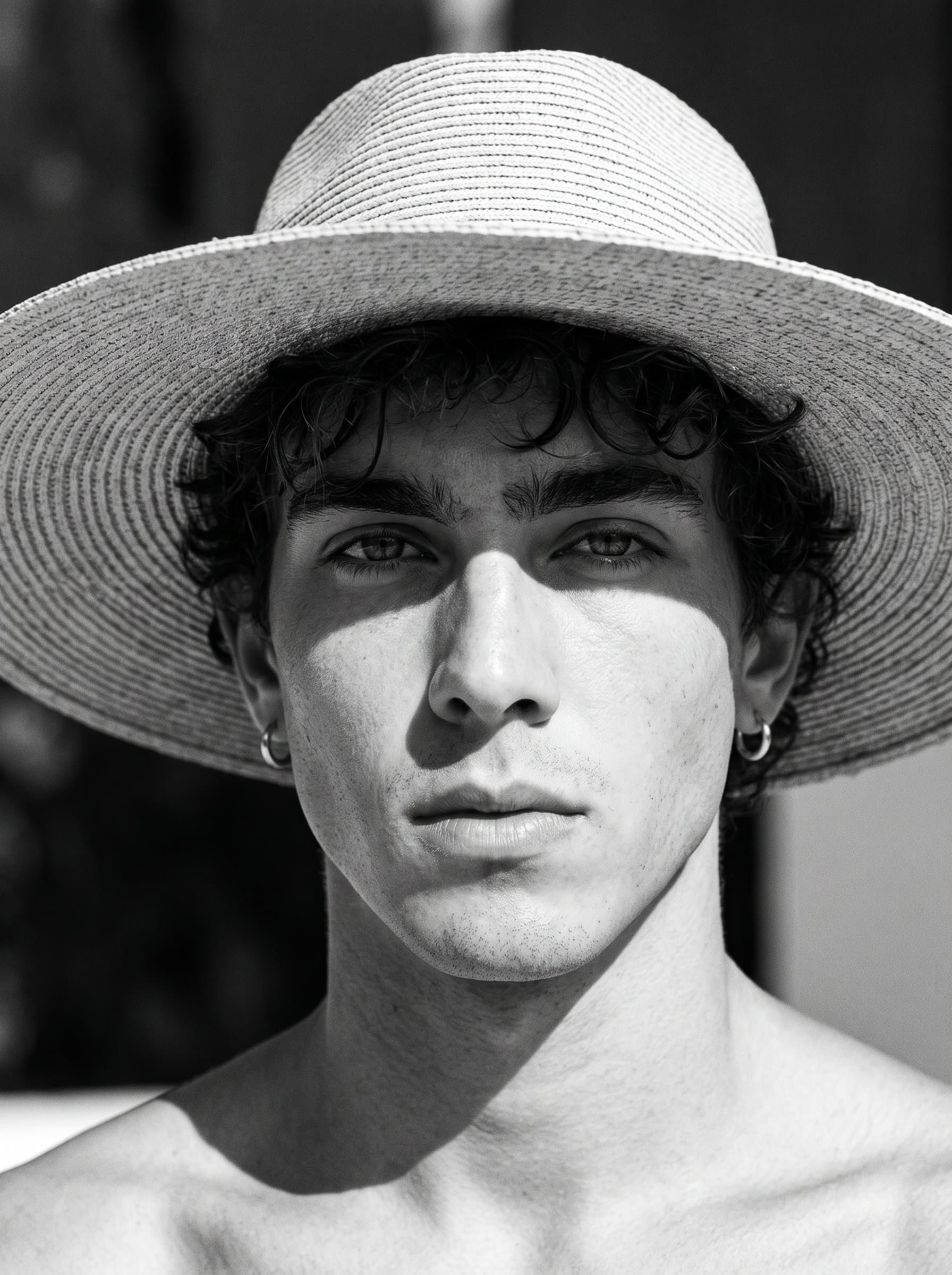 : Capture a timeless black-and-white headshot that emphasizes strong facial features. Employ contrasting natural light and shadow to create drama, with a minimalistic out-of-focus background.