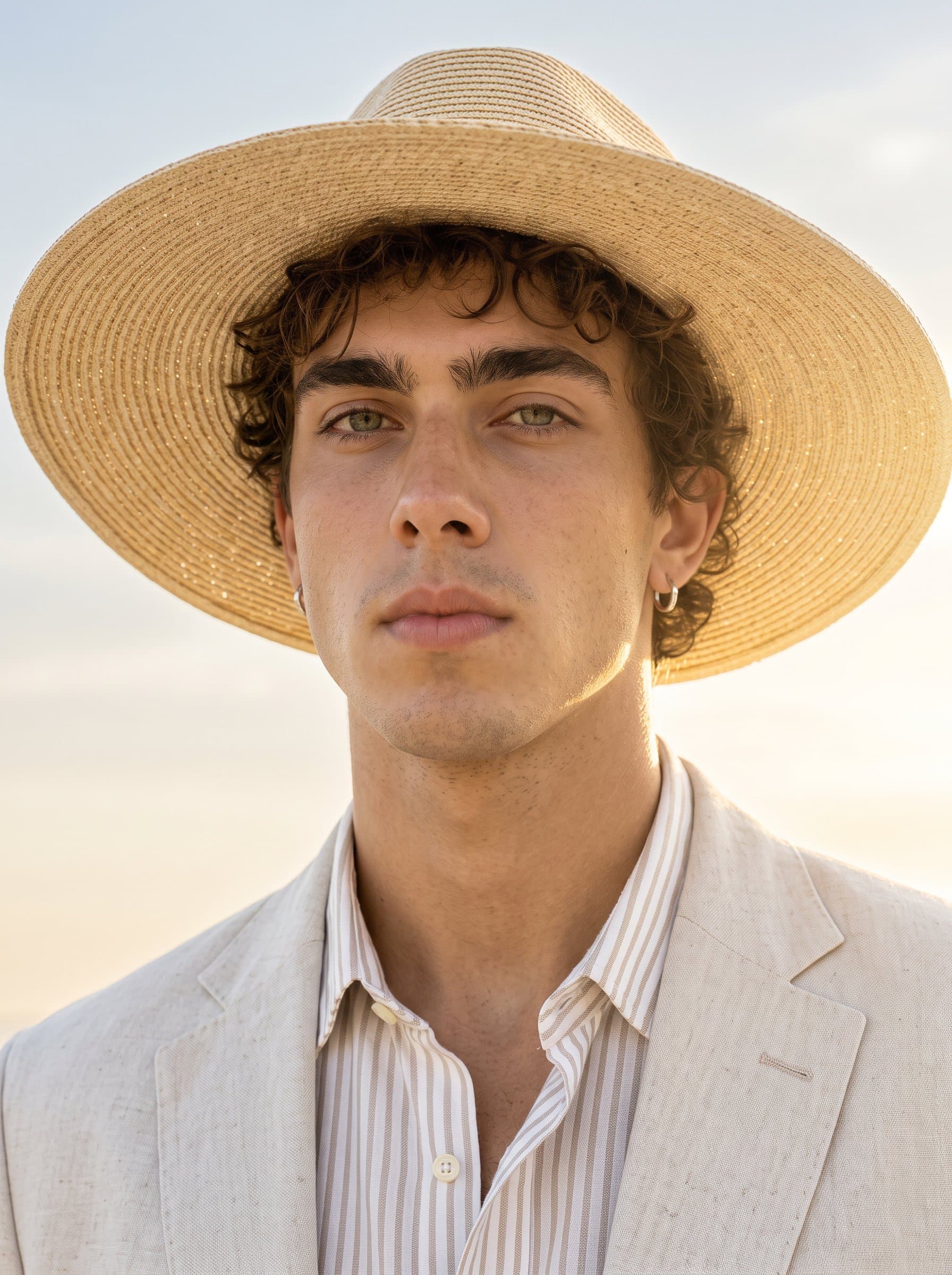 : Develop a fashion-forward headshot featuring a confident chin-up pose. A gradient sky and diffused sunlight create depth and interest in the background, highlighting the model's poised demeanor.