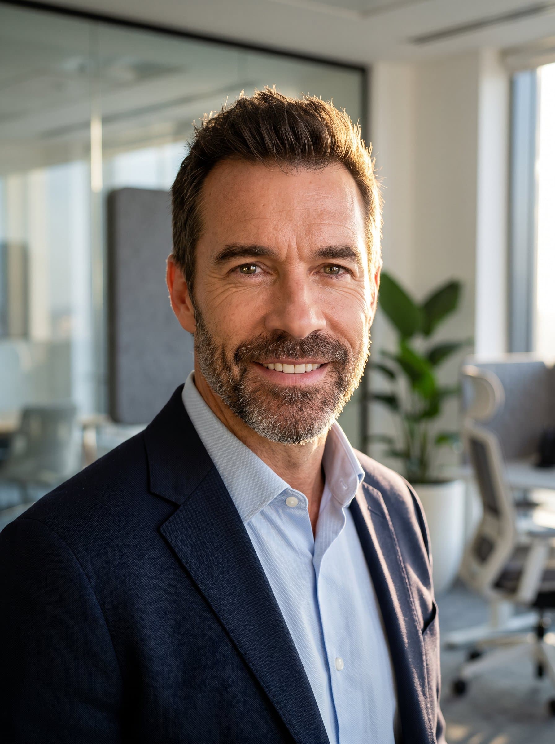 : Capture an expressive headshot illuminated by early morning sun. A sleek, modern interior with soft-focus elements adds depth and enhances the professional aura of the portrait.