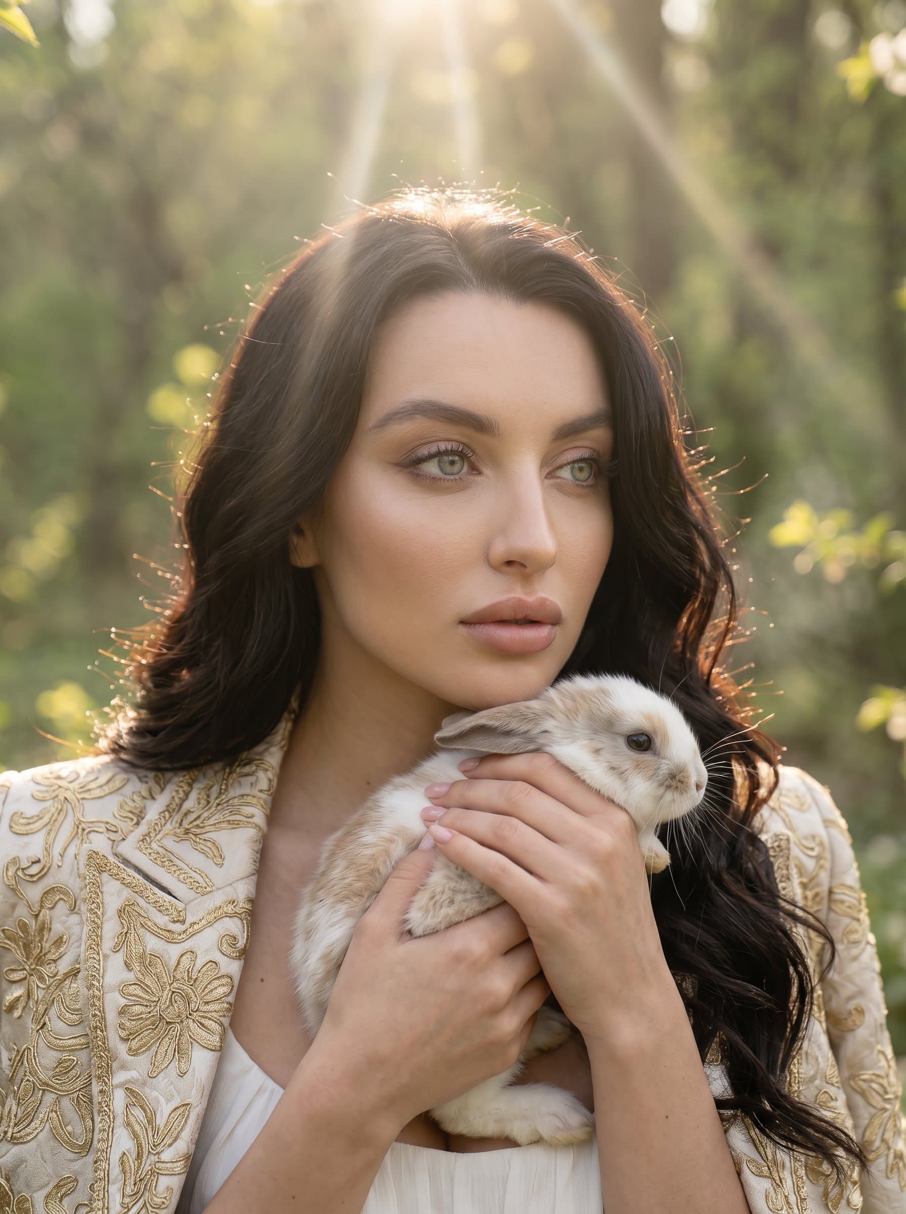 : Create a refined headshot where the woman's thoughtful gaze is complemented by warm, natural light. The diffused forest background suggests tranquility and sophistication, perfect for a high-fashion portfolio.