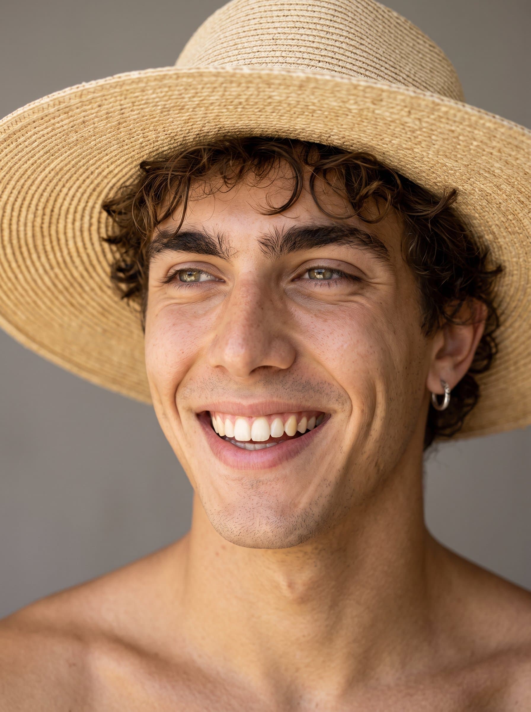 : Produce a candid headshot with a spontaneous smile, set in a monochromatic background. Natural light enhances skin texture and creates a refined and genuine appearance, ideal for high-end portfolios.