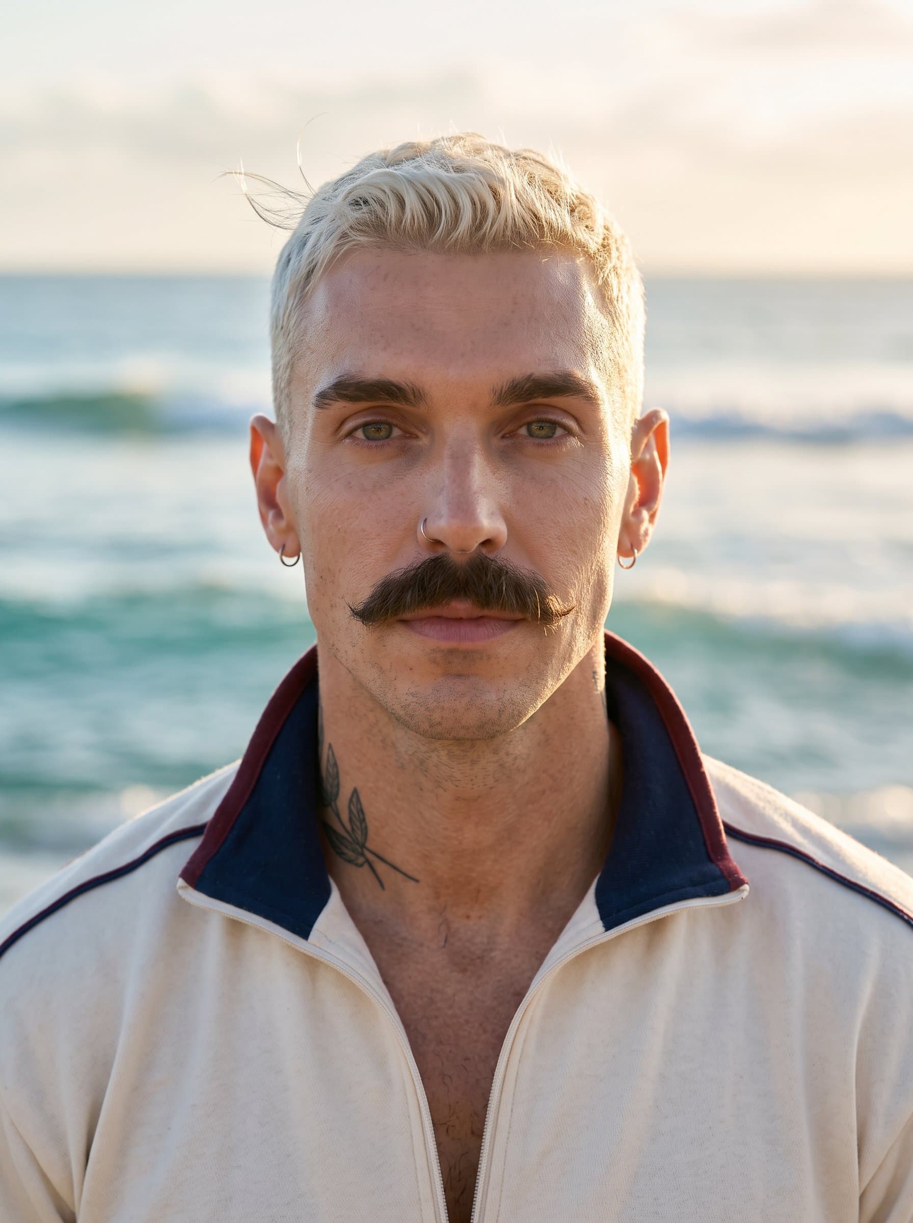 : Compose an evocative headshot where the man stands against a soft, oceanic background. The gentle sea breeze and natural lighting enhance the serene and confident expression.