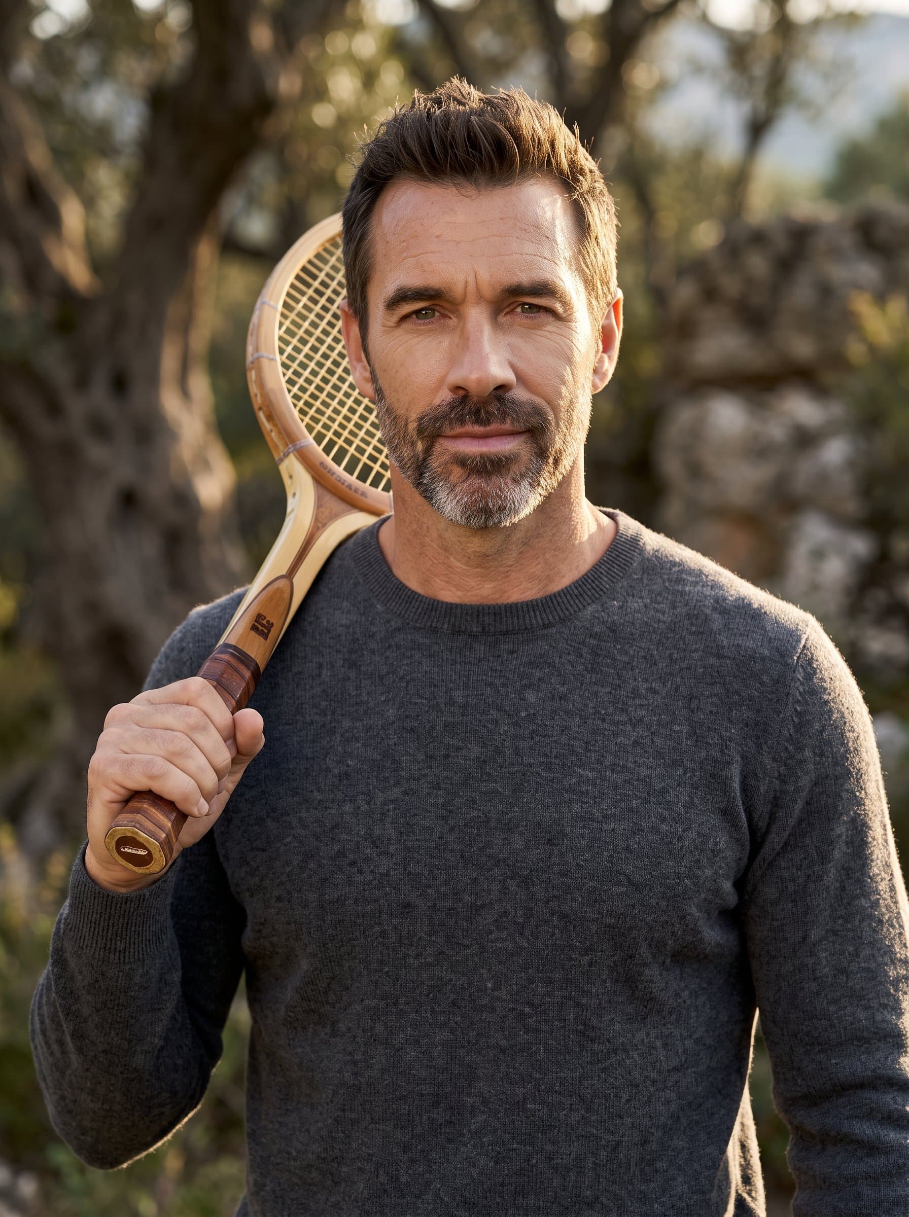 : Picture a poised headshot where the man's tranquil expression is highlighted by warm, directional lighting. The blurred wilderness behind conveys a sense of connection and elegance.