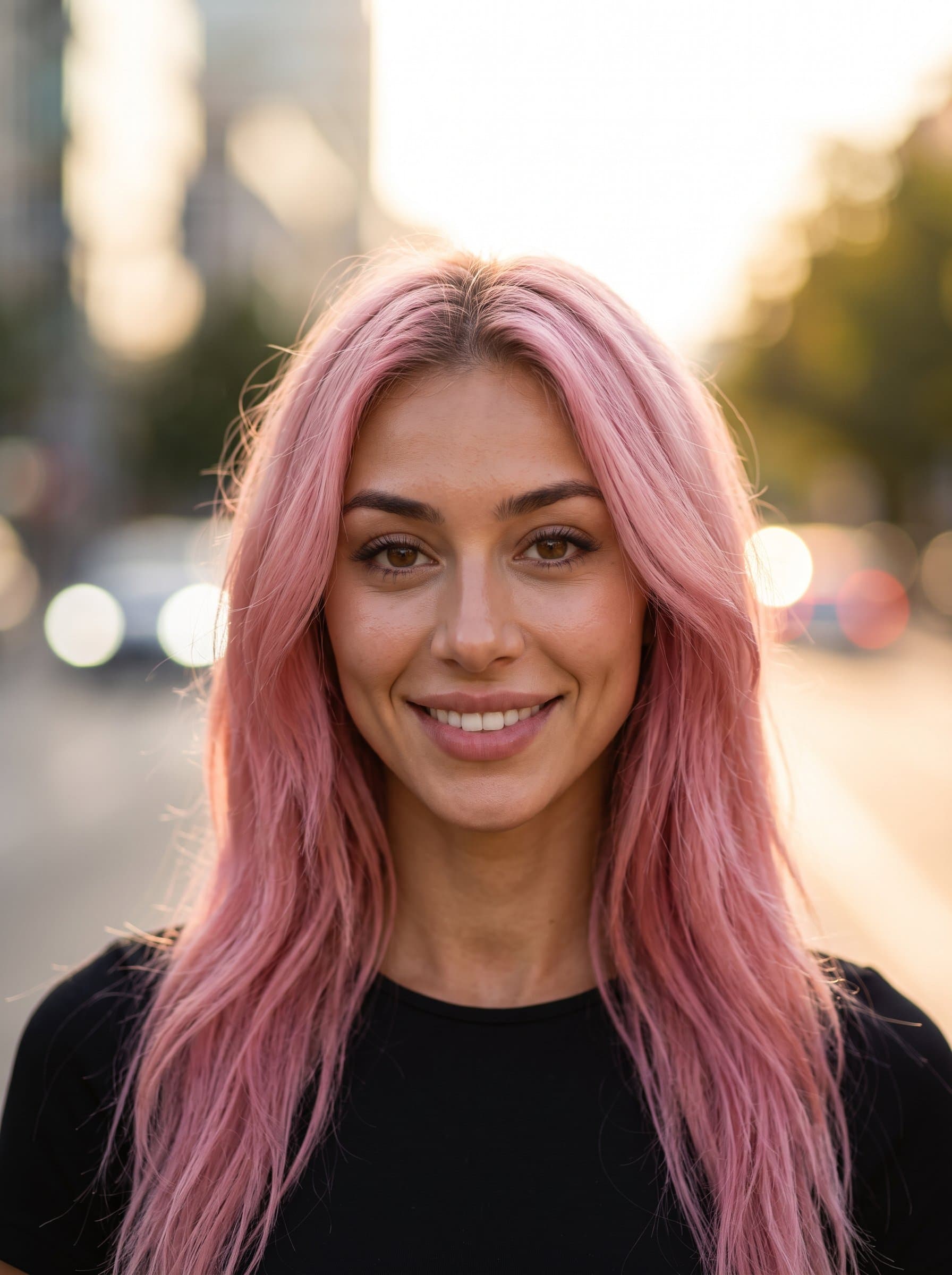 : Create an engaging headshot where the woman gazes directly at the camera, with diffused golden-hour sunlight casting a warm glow. A smooth bokeh effect in the background enhances the modern aesthetic.