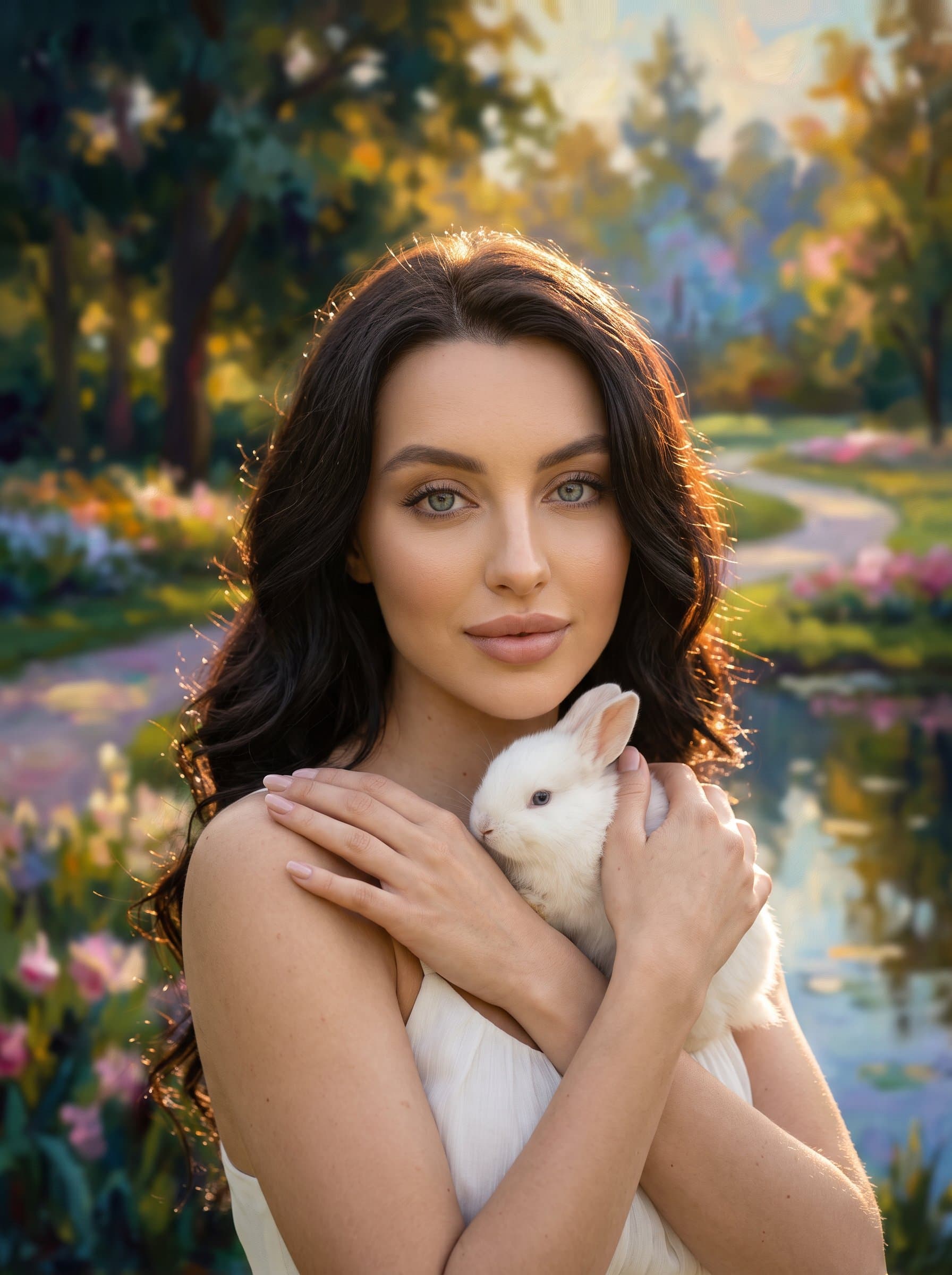 : Construct a picturesque headshot using golden sunlight to highlight facial features delicately. An impressionistic park scene in the background adds a touch of serenity and poise to the portrait.