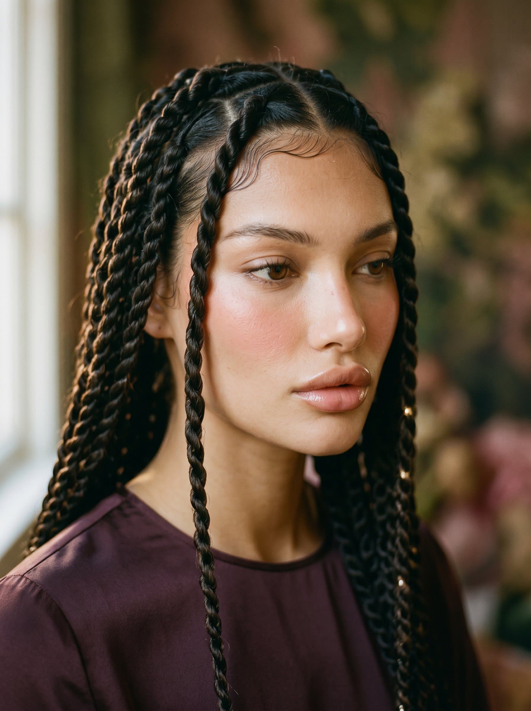 : Craft a dynamic headshot with eyes slightly averted, capturing a moment of introspection. Soft afternoon light and a muted, abstract background emphasize facial contours and the sense of elegance.