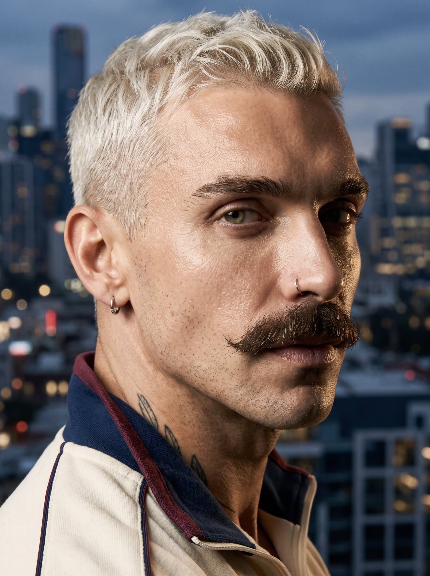 : Frame a captivating headshot with the man slightly turned, capturing the play of light and shadow across the face. A diffused cityscape background complements this style of modern elegance.