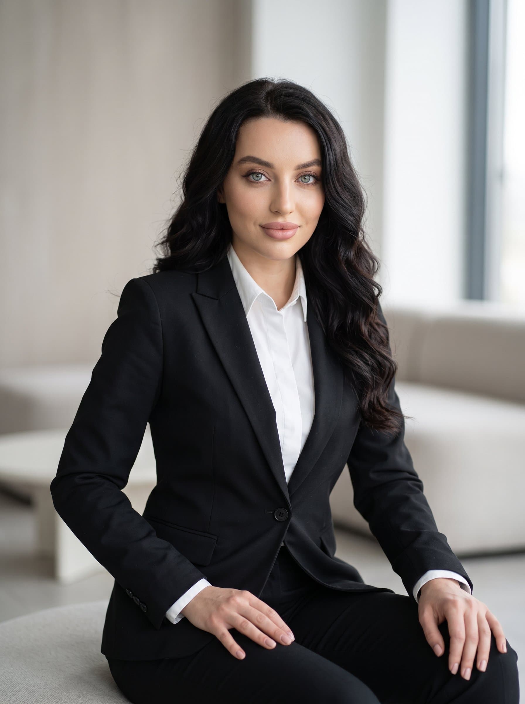 highlights a businessperson in a black suit, white shirt, and no tie. Their pleasant yet assertive expression is complemented by a neutral, softly lit background.