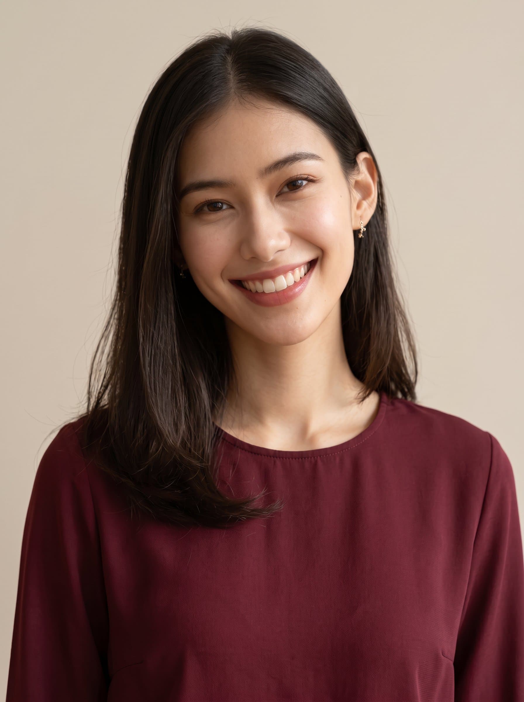 A headshot featuring where the woman, wearing a maroon blouse, showcases charisma. Their head is slightly tilted, offering a friendly smile. A plain light beige backdrop enhances their approachable demeanor.