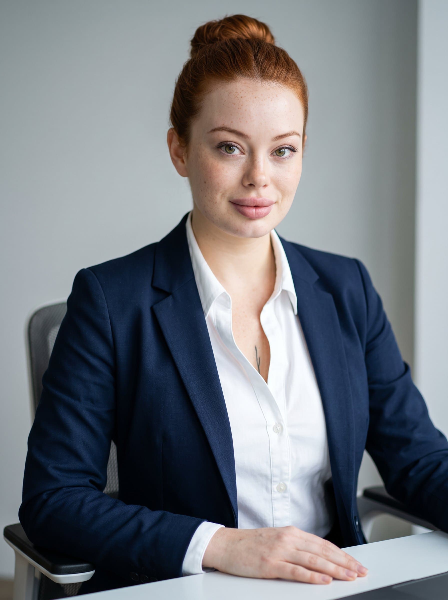 A professionally dressed woman with sitting confidently with a subtle smile, wearing a tailored navy blazer over a crisp white shirt. The background is a soft grey, adding to a polished presentation.