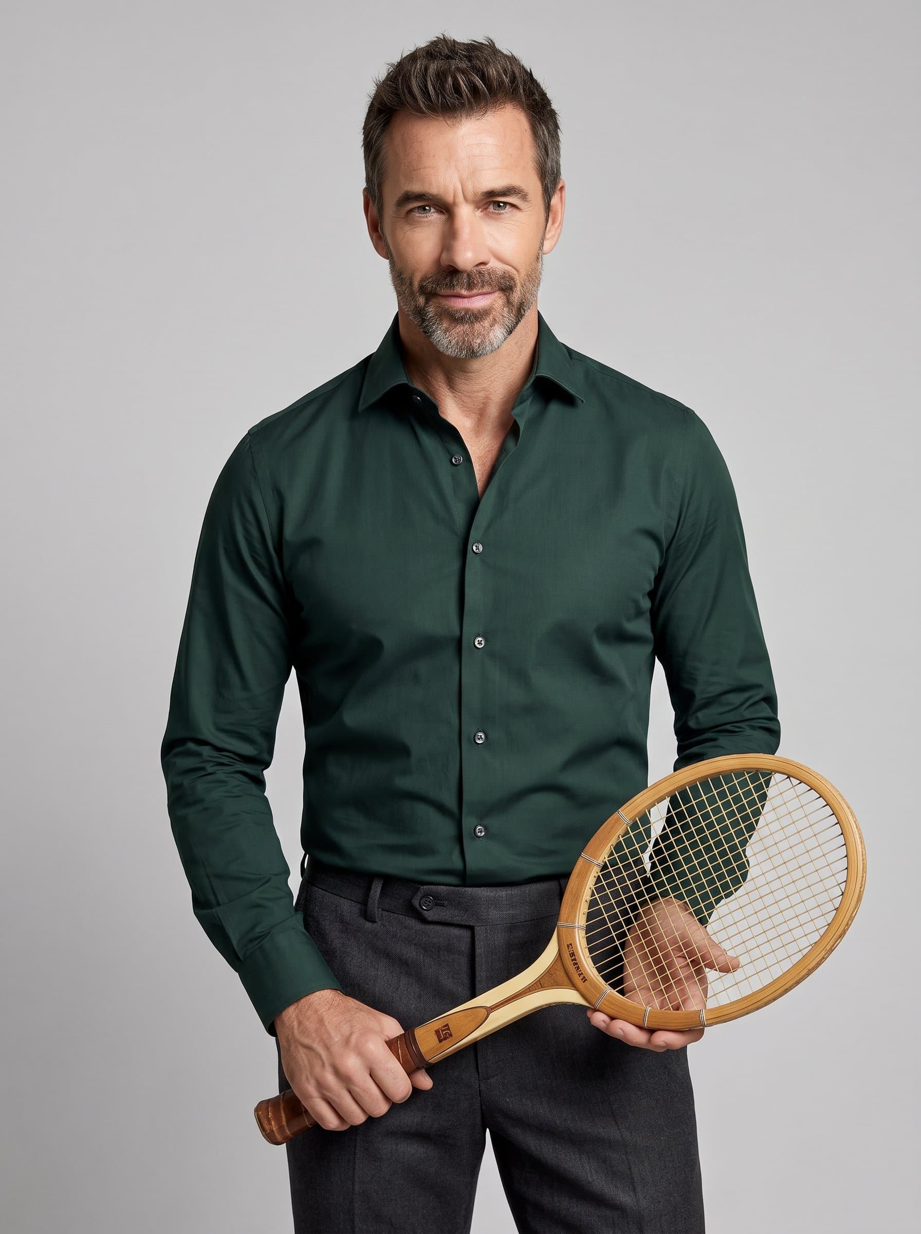 Capture the essence of confidence with showing an man wearing a dark green dress shirt. The plain light grey background emphasizes their sharp gaze and mildly upturned lips.