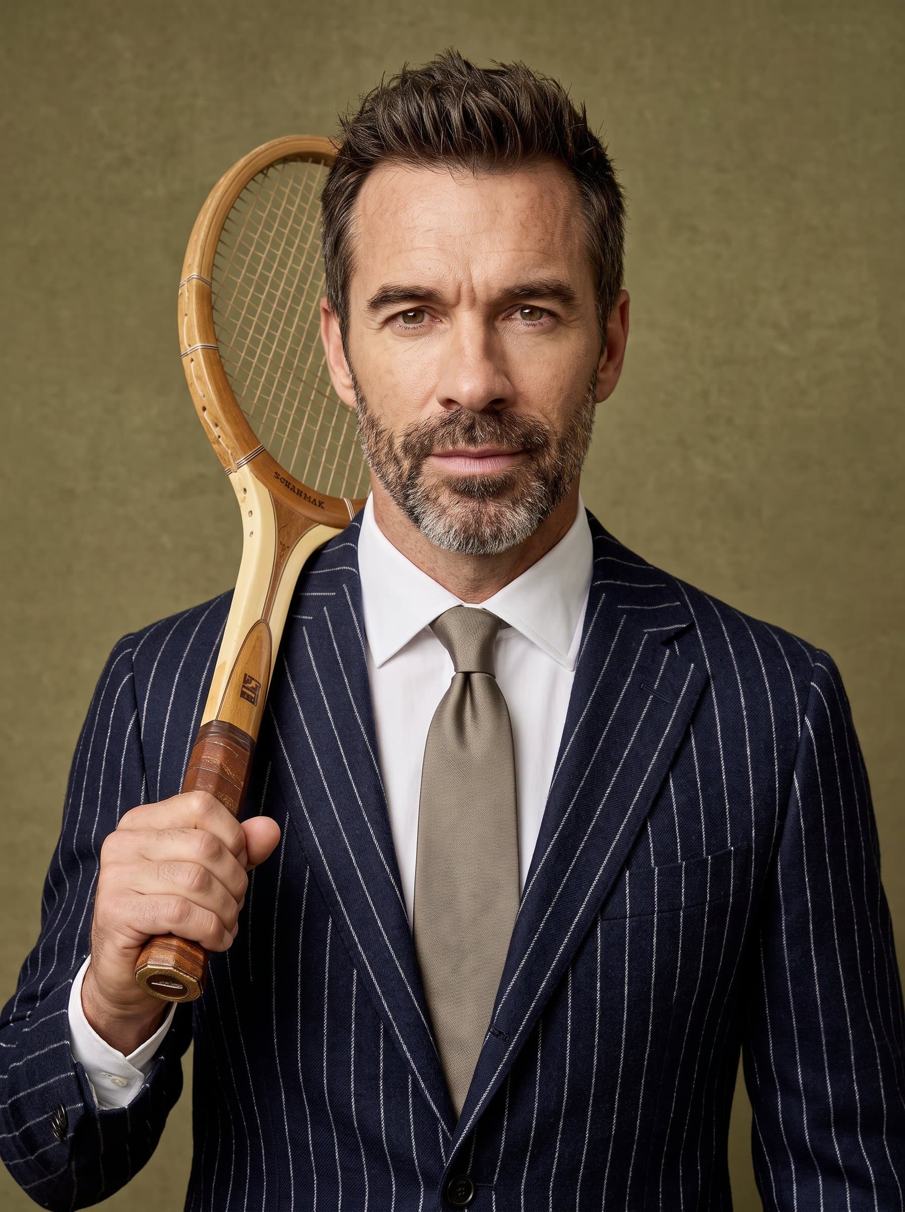 portrays a man with straight hair, showing a neutral expression in a pinstripe blazer. The solid, earthy-toned background creates a classic and timeless look.