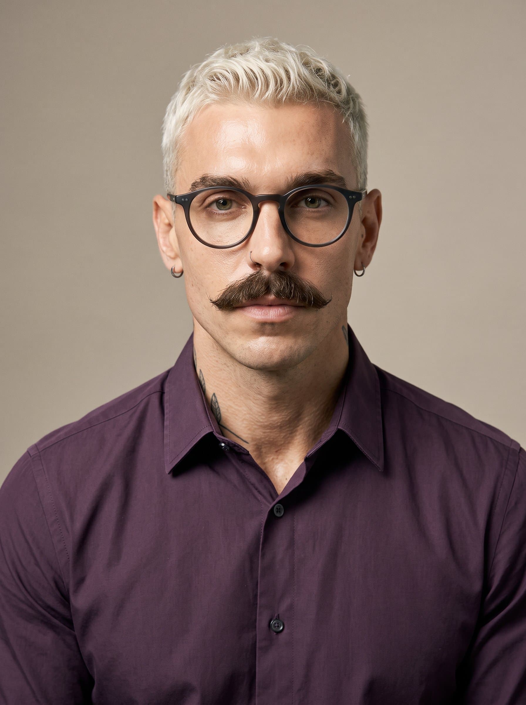 reveals a close-up of a man with spectacles and a calm demeanor, wearing a dark purple shirt. The photograph uses a muted beige background to highlight their composed expression.