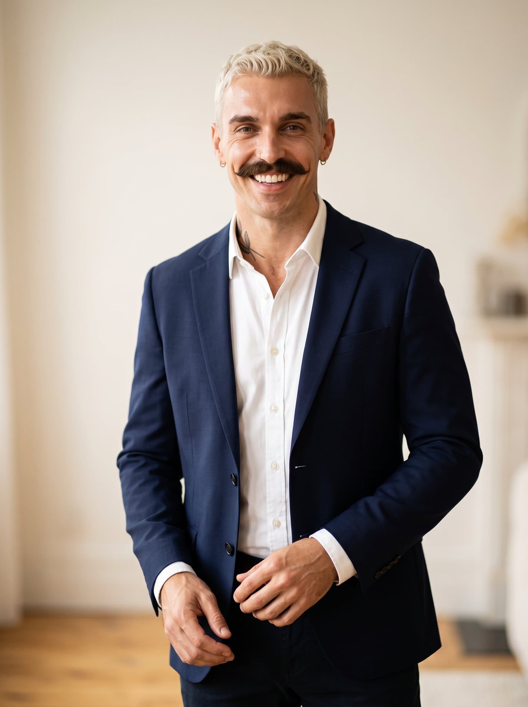 Featuring a man with wavy hair stands in a white shirt and navy blazer. Their candid smile is enhanced by a soft cream-colored background, signifying warmth and approachability.