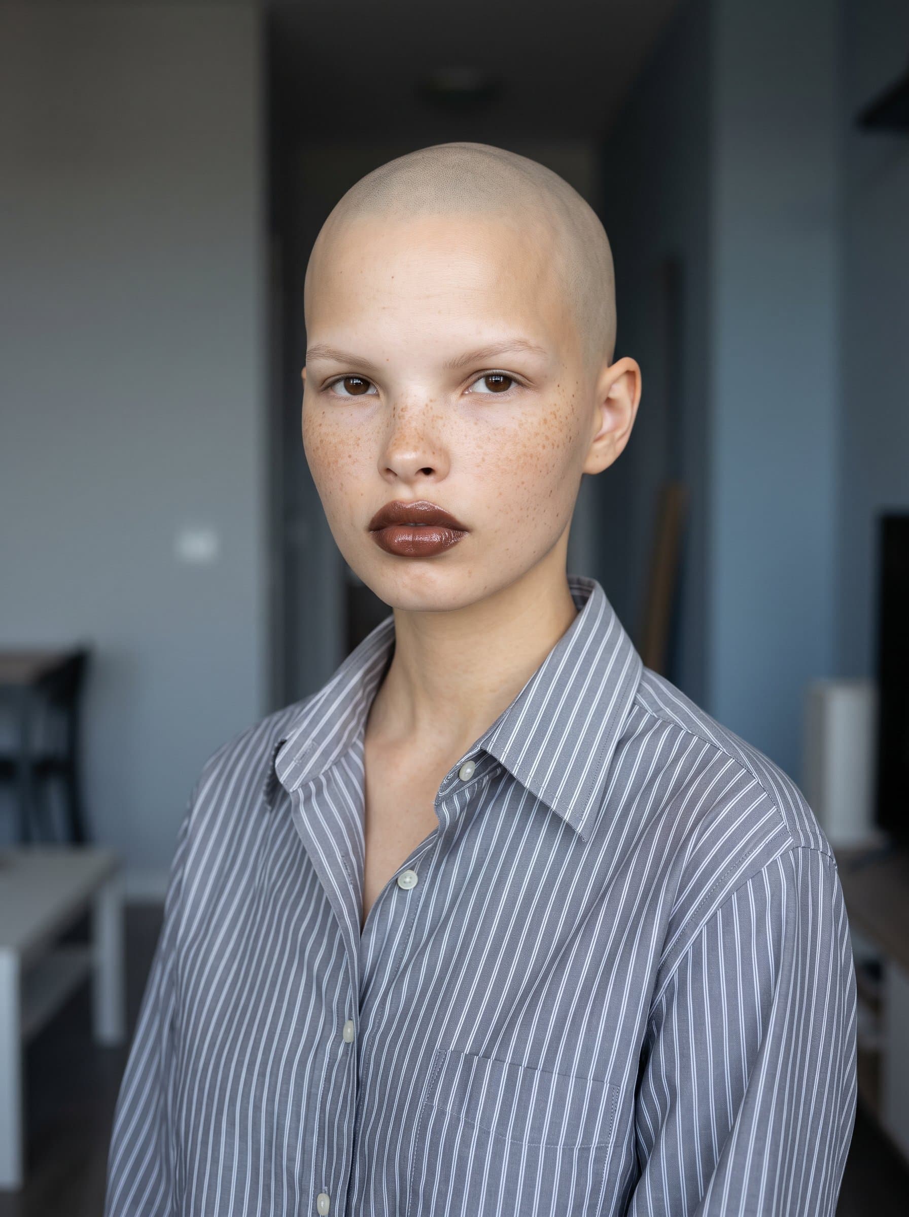 displays a woman with a bald head, sporting a grey, pinstriped dress shirt. The serene backdrop in cool tones highlights their calm and confident look.