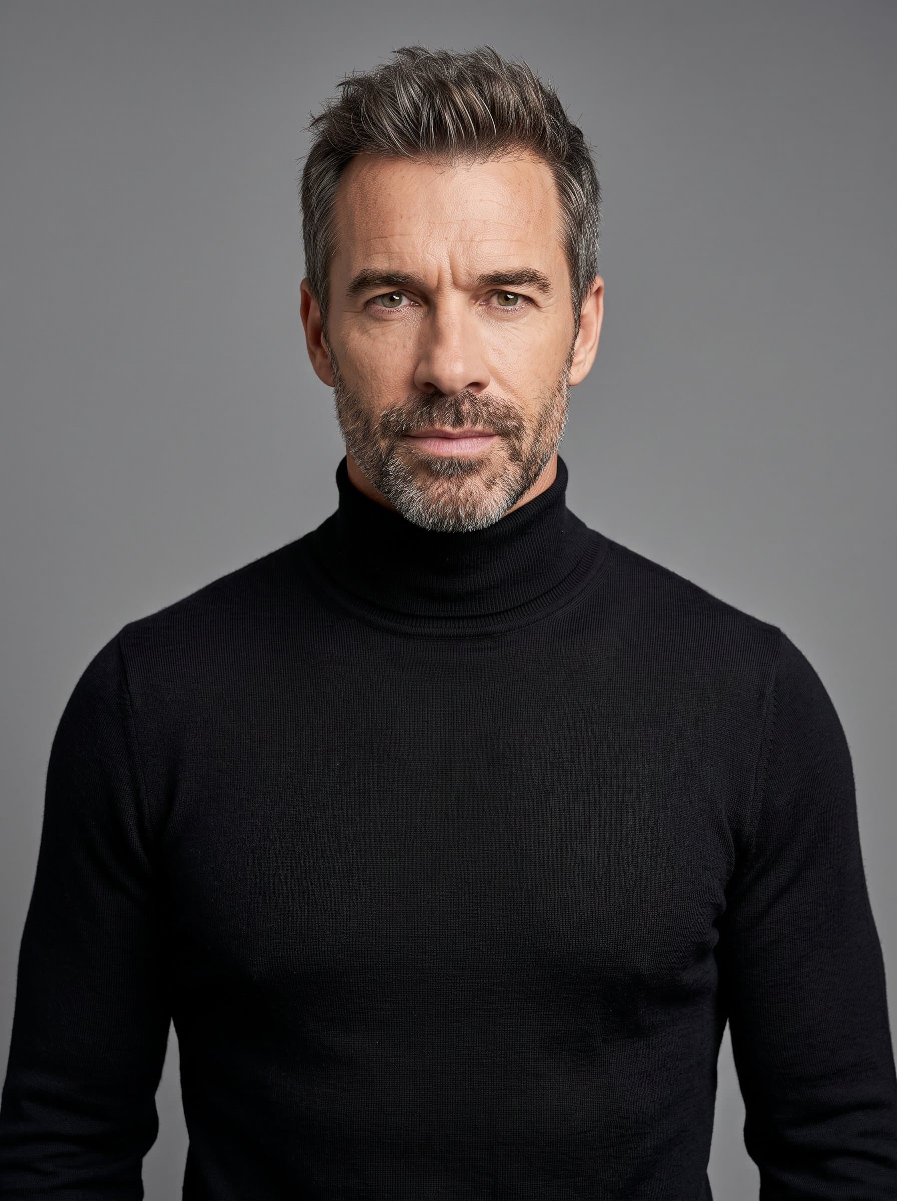 Shadow-free and well-lit, shows an man in a black turtleneck sweater, exhibiting a focused look. The smooth, plain grey background is designed to enhance their professional presentation.