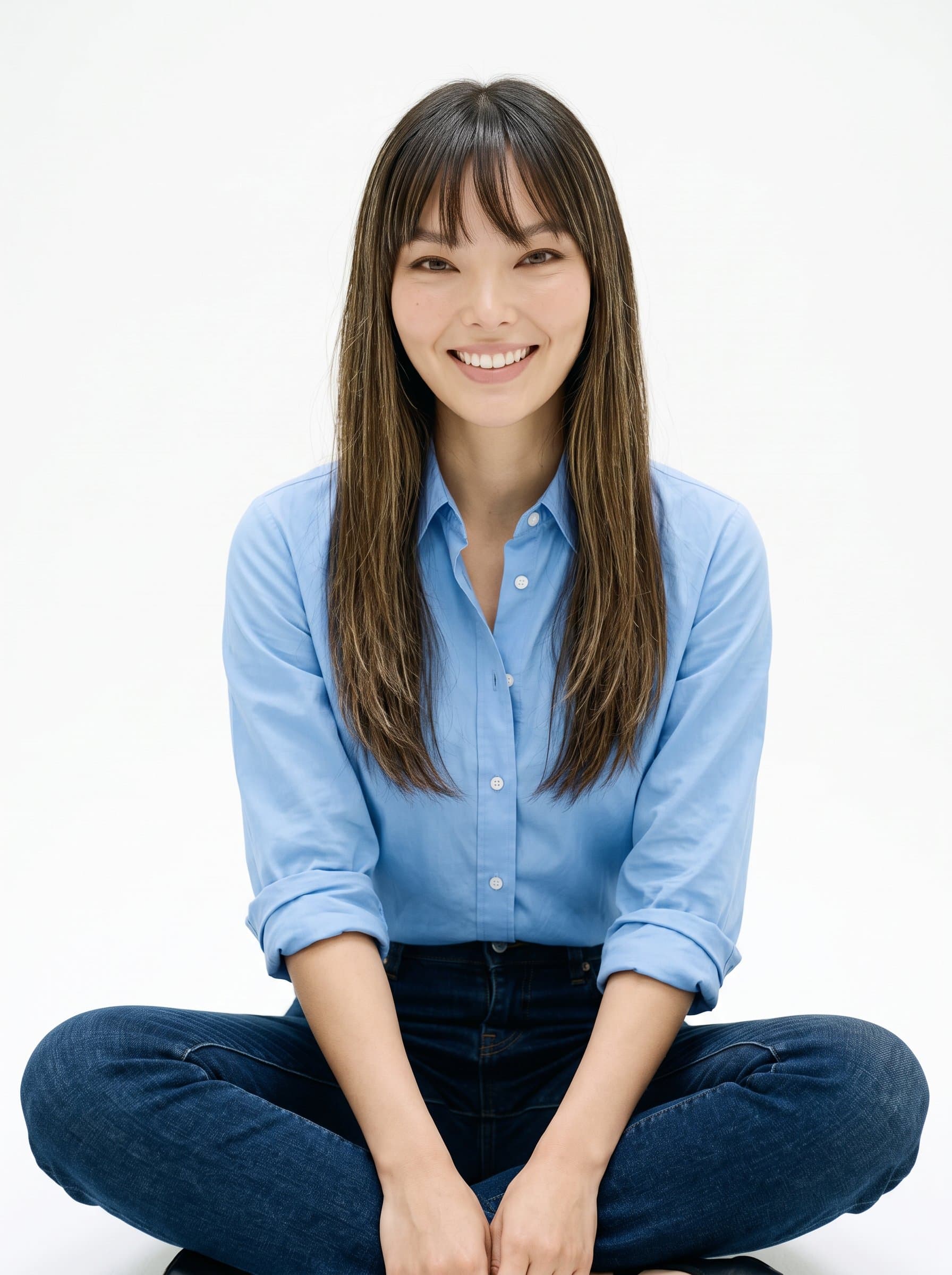 offers an image of an woman with a natural smile, wearing a sky-blue dress shirt. The pure white backdrop draws attention to their sincere expression.
