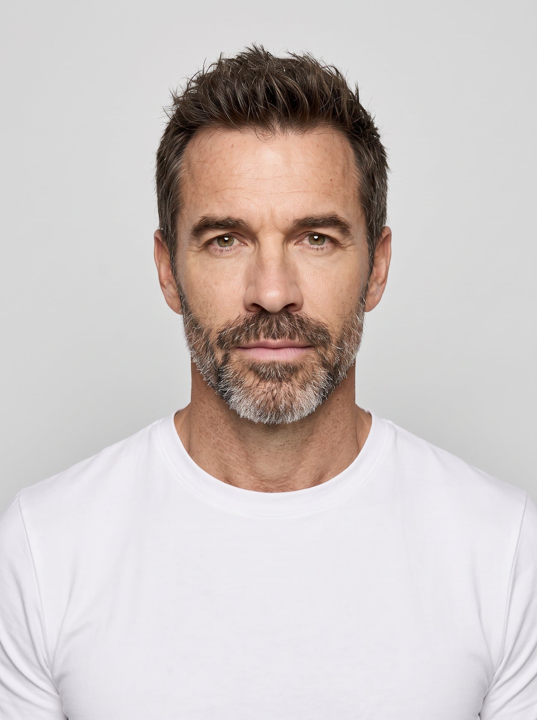 For generate a standard headshot for a passport photo. Use even lighting and a plain backdrop to highlight a centered, neutral facial expression, avoiding any shadows or distractions.