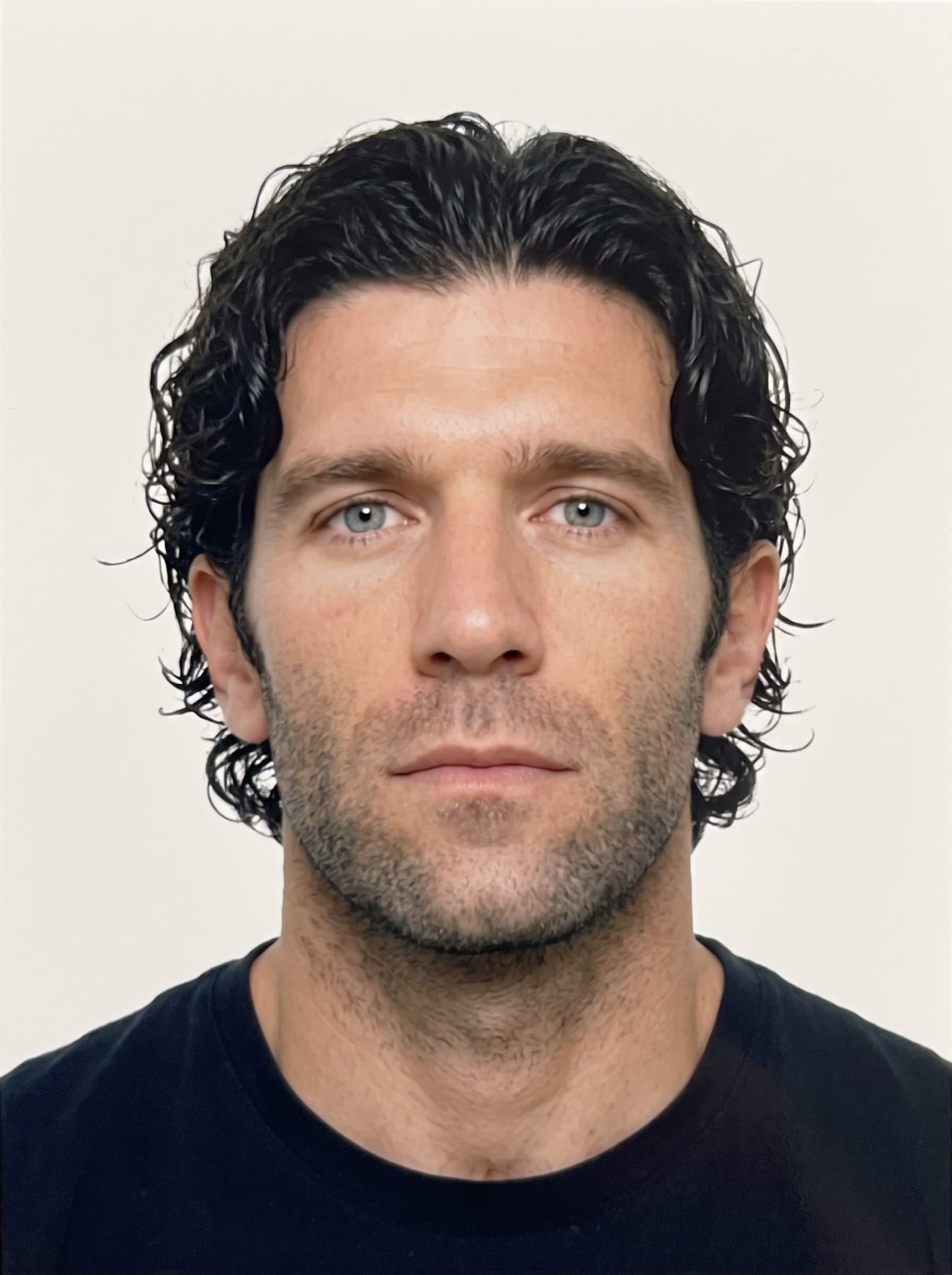 Create an AI passport photo with featuring a centered face under even lighting. Use a plain background to meet standard guidelines, and capture a natural, neutral expression without accessories.