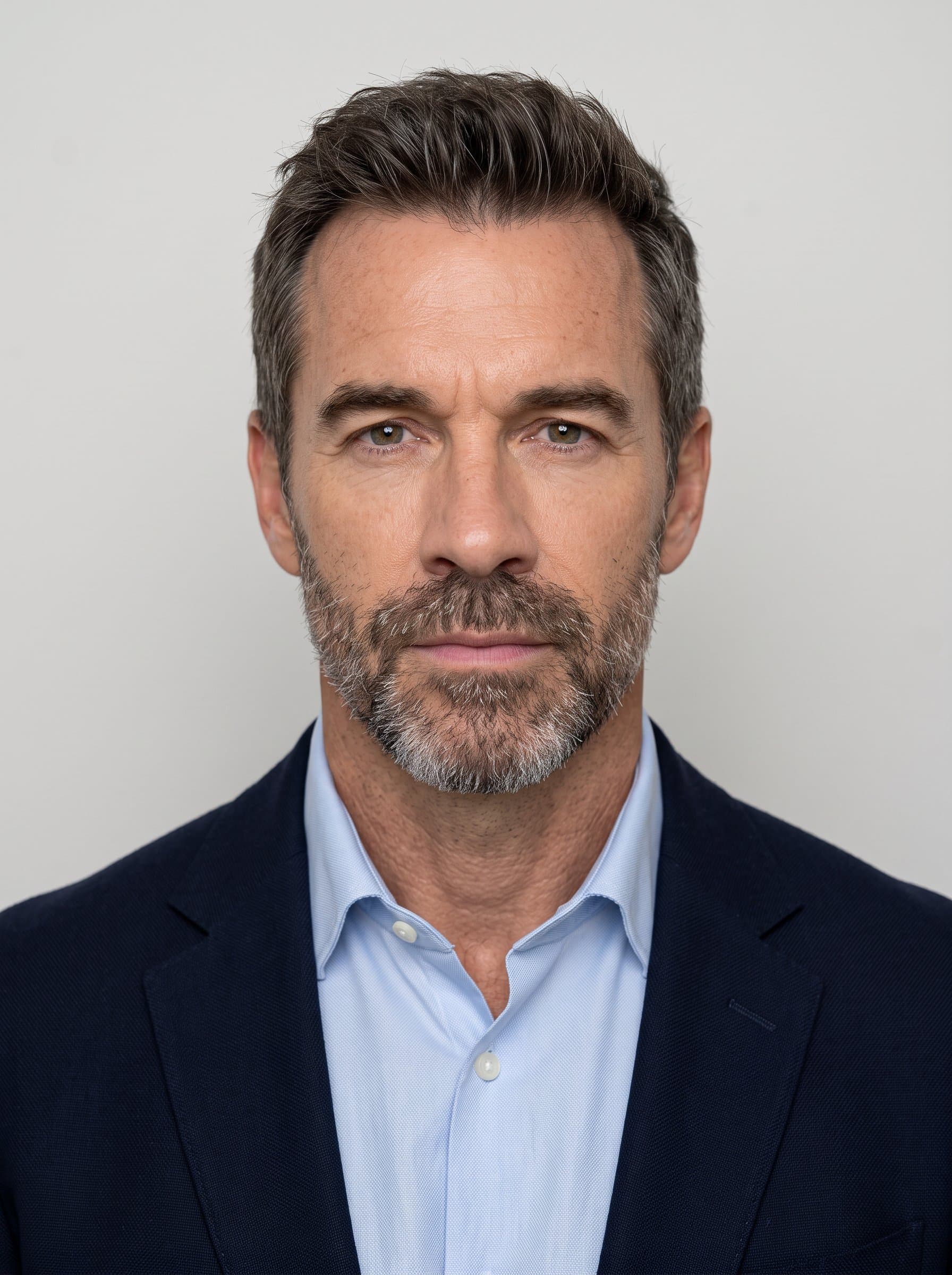 Craft an AI passport headshot with emphasizing a neutral expression and plain background. The face should be centered with balanced lighting for an authentic, photorealistic appearance.