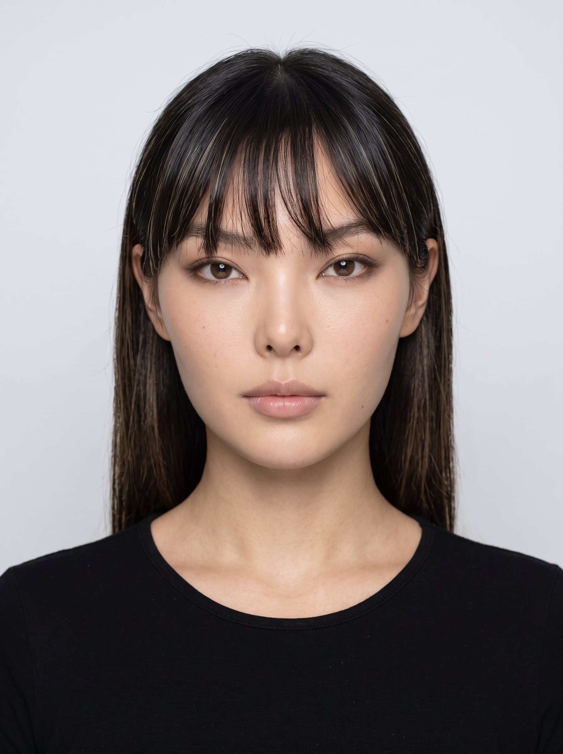 : Capture a photorealistic headshot with a neutral expression and plain background, perfect for an AI passport photo. Ensure no shadows or reflections, and maintain even lighting across the face.