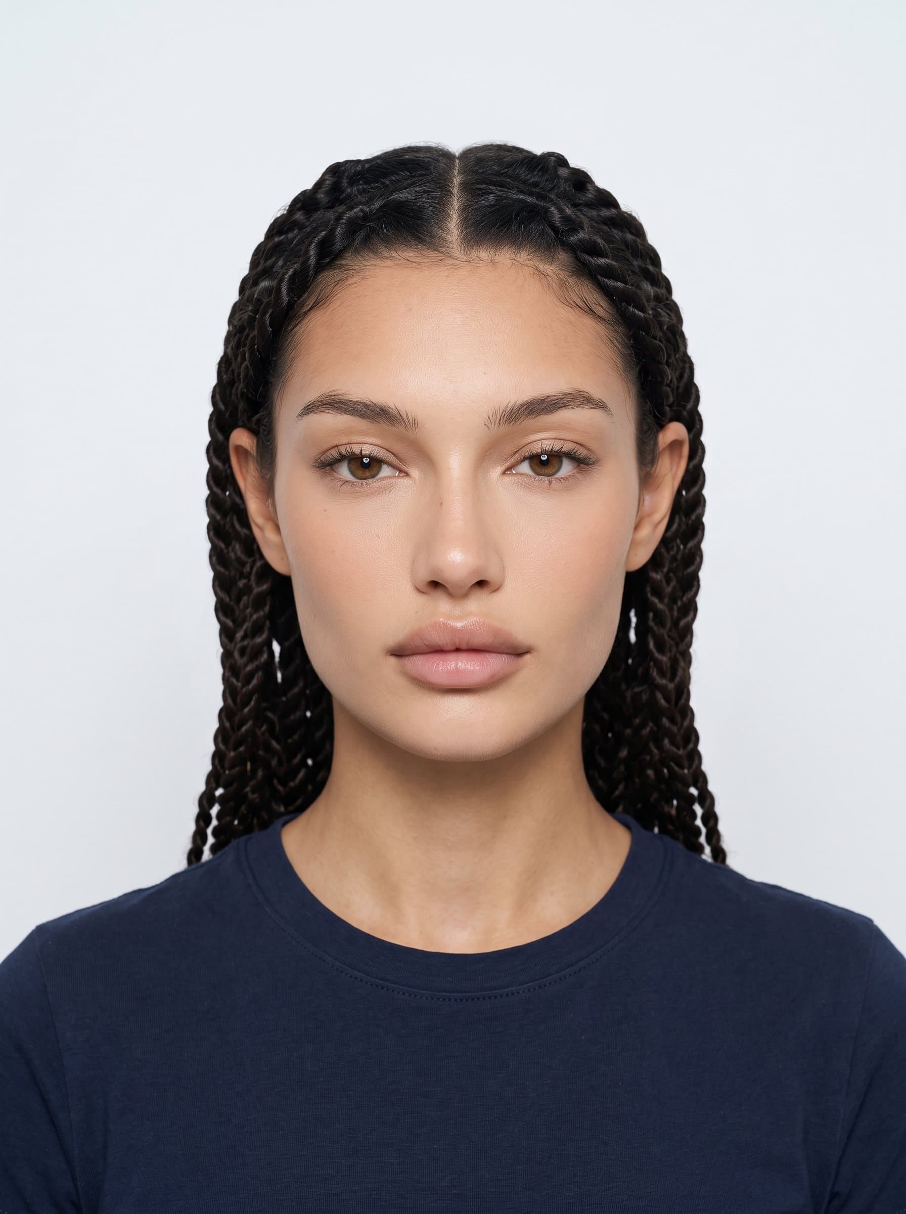 : Design a photorealistic headshot on a plain background, showcasing a symmetrical face without glasses. Ensure consistent lighting and a calm, neutral expression for a perfect AI passport photo.