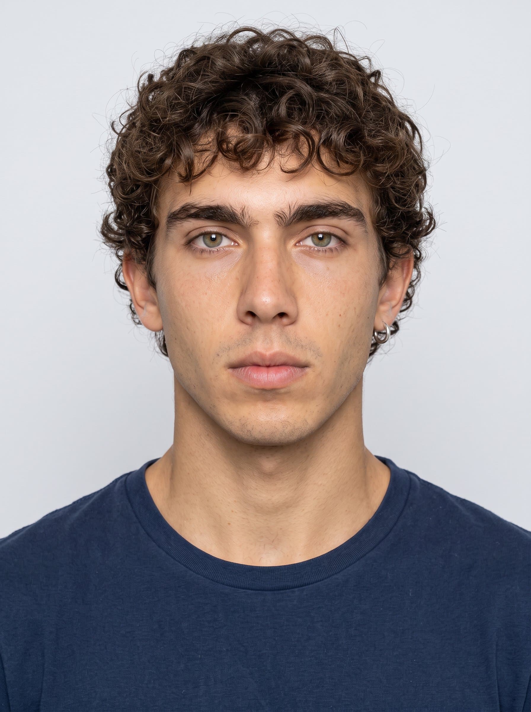 Create an AI passport photo using . Capture a neutral expression with even lighting on a plain backdrop, ensuring the face is centered and photorealistic.