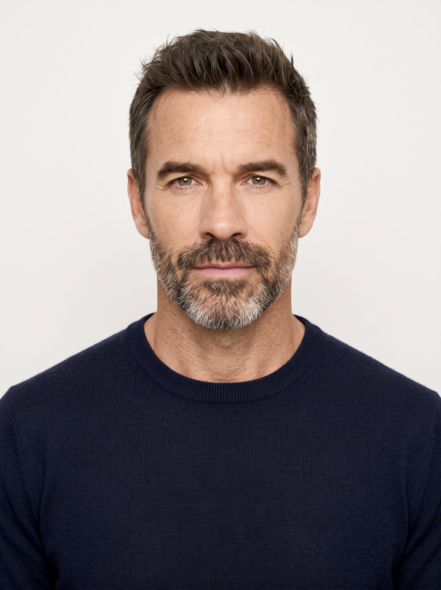 Design a headshot with a neutral expression and simple backdrop. The face should be centered with even lighting, achieving a photorealistic look ideal for a passport photo.