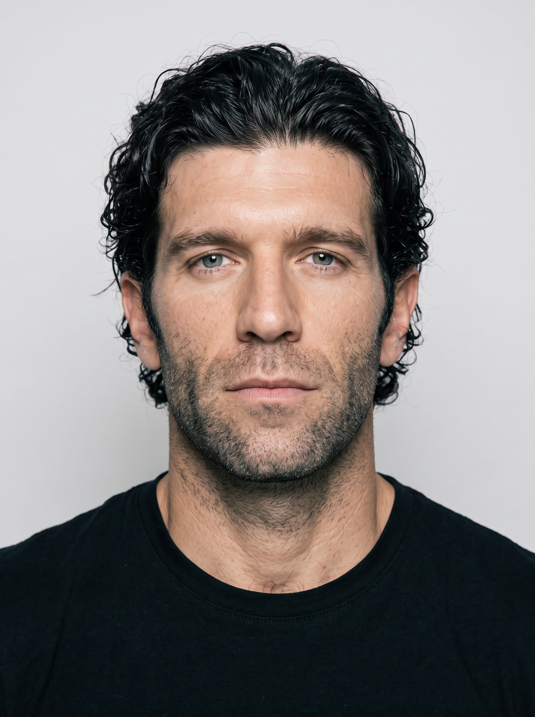 For design a passport-compliant headshot featuring a neutral expression and plain background. Achieve balanced lighting and centered composition for a photorealistic look.