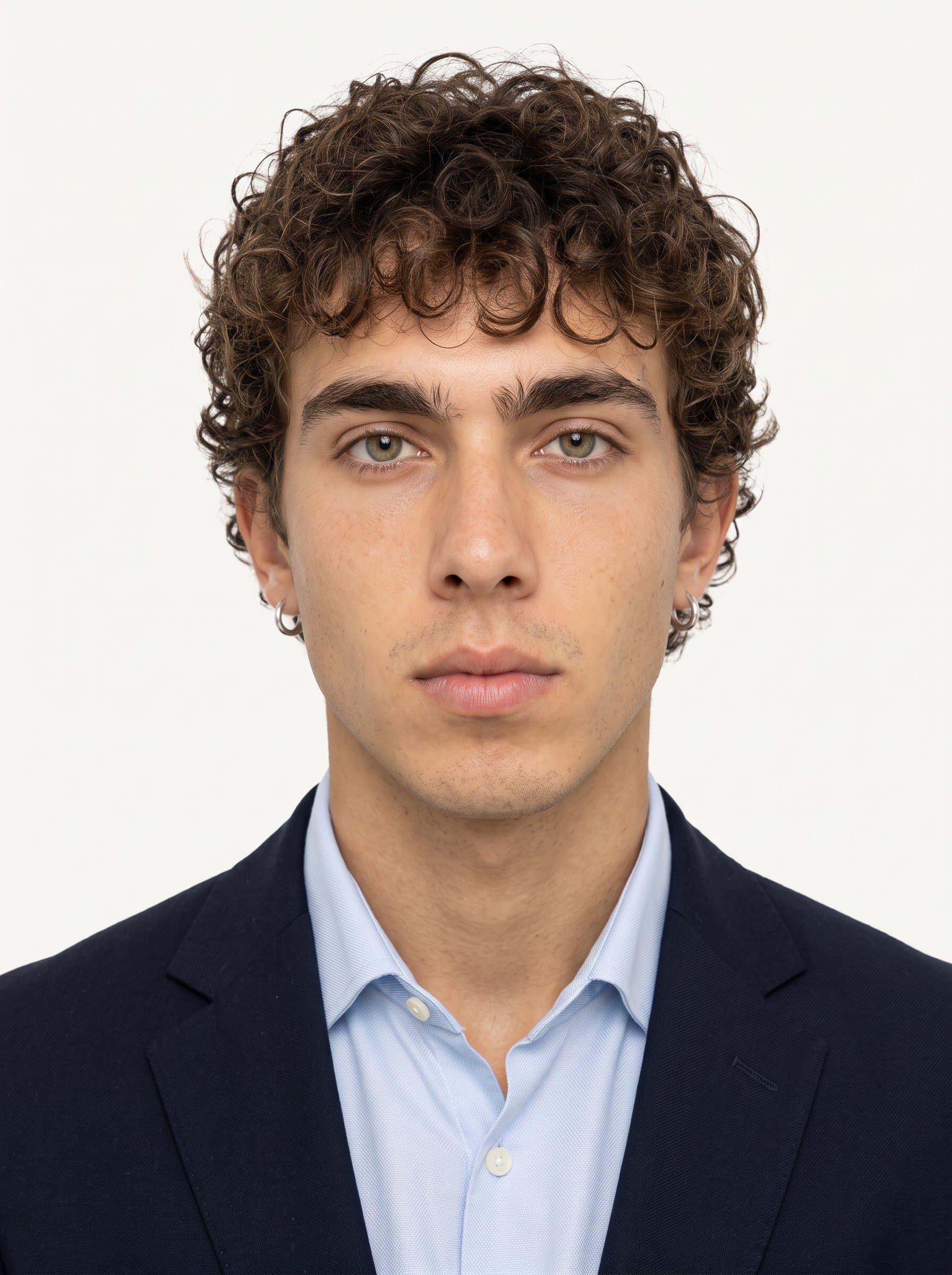 Create a passport photo, ensuring a centered, evenly lit face. Use a plain background and achieve a photorealistic appearance with a neutral expression.