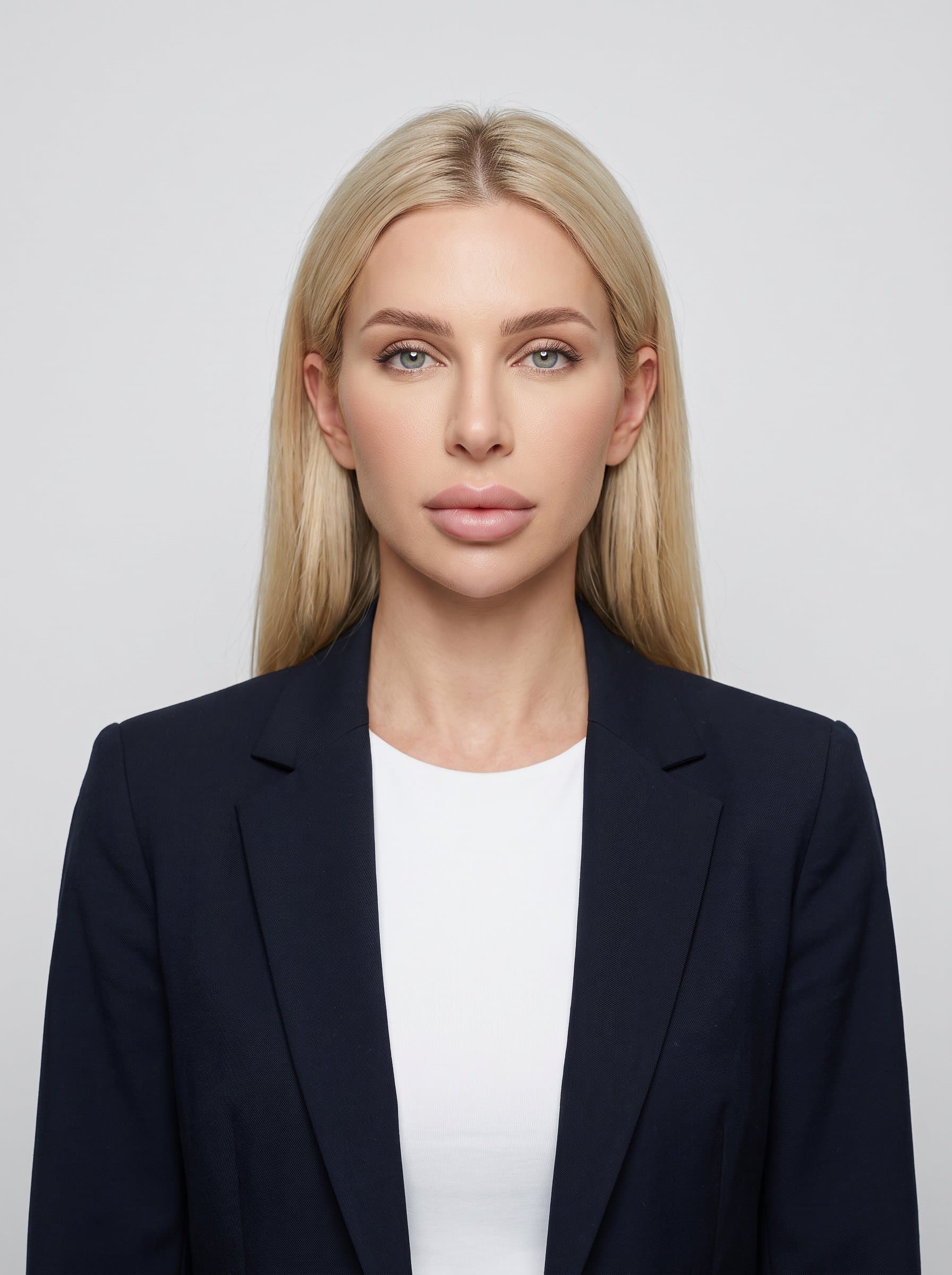 : Produce an AI passport photo with a neutral expression and evenly lit face. Ensure a plain background and centered position, focusing on photorealistic detail and adherence to standard passport guidelines.