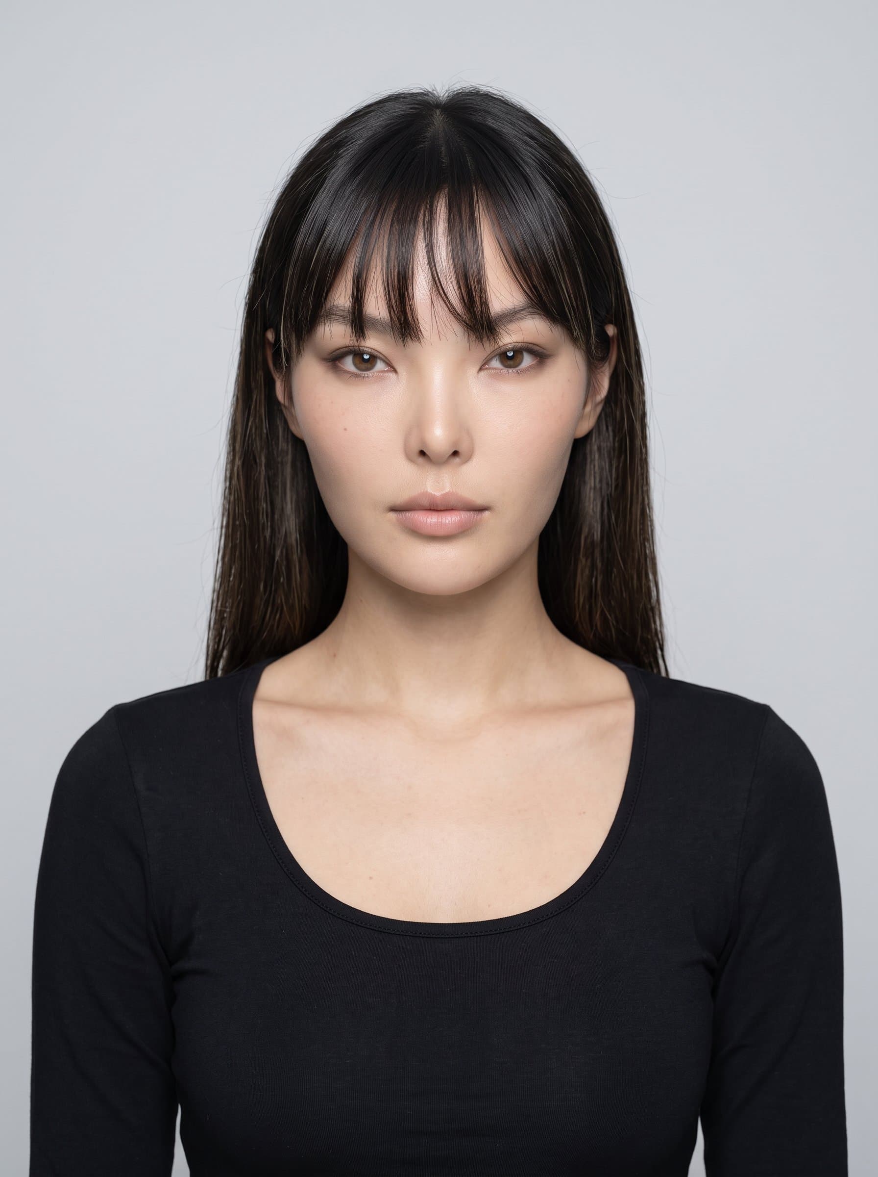 : Design a headshot with even lighting and a neutral expression. Use a plain background to ensure photorealistic quality, perfect for a standard AI passport photo.