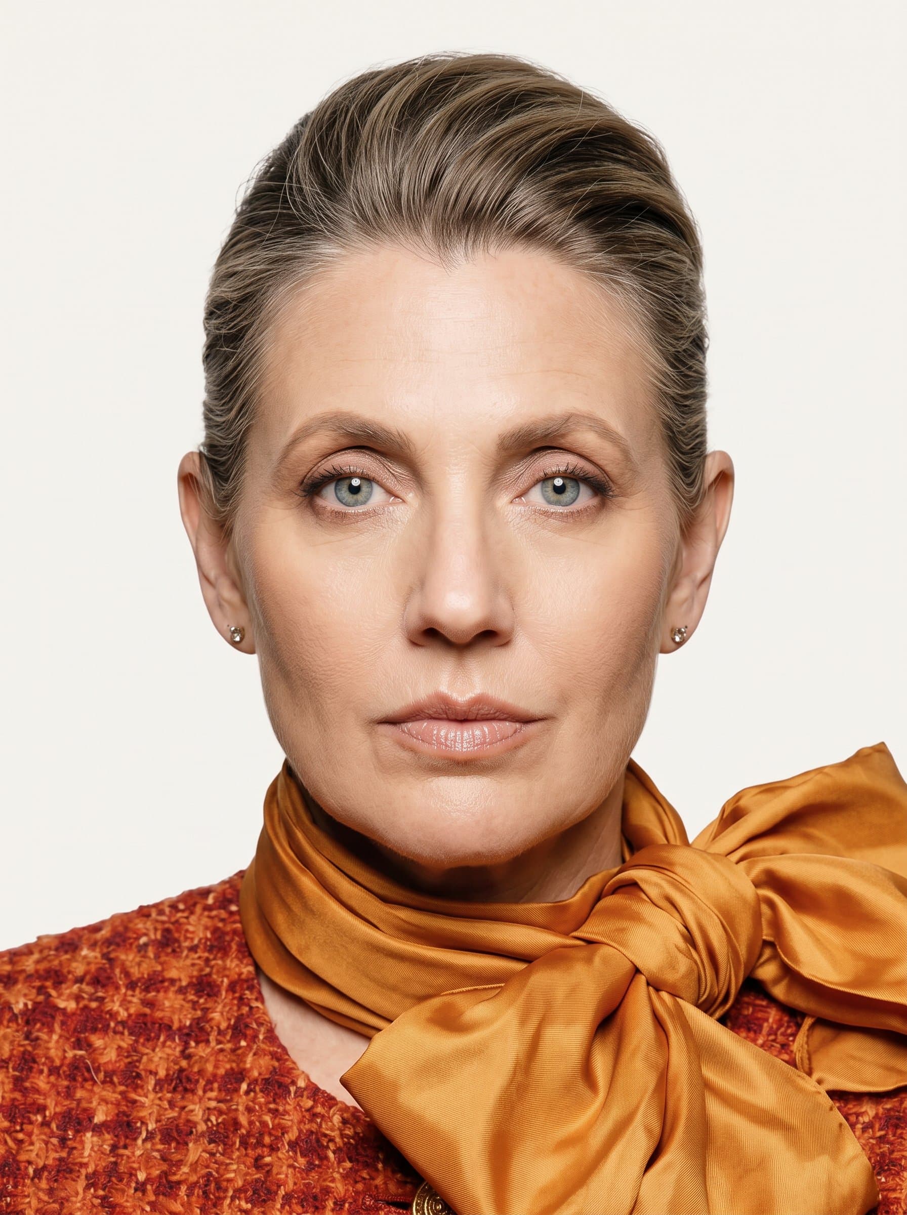: Create a passport-ready headshot with a plain background and even lighting. Capture a neutral expression and centered face, ensuring photorealistic quality and adherence to passport photo standards.
