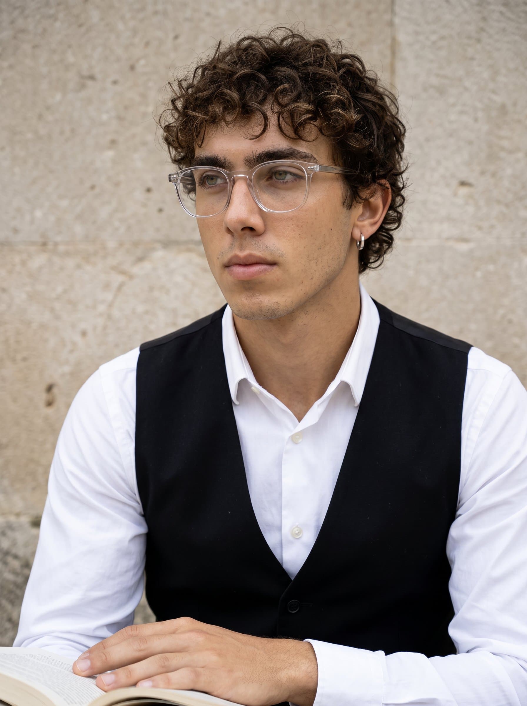 depicting a knowledge enthusiast with glasses, black vest over white shirt, calm and inspirational aura, neutral stone backdrop, softly diffused light captures a thoughtful and serene portrait.