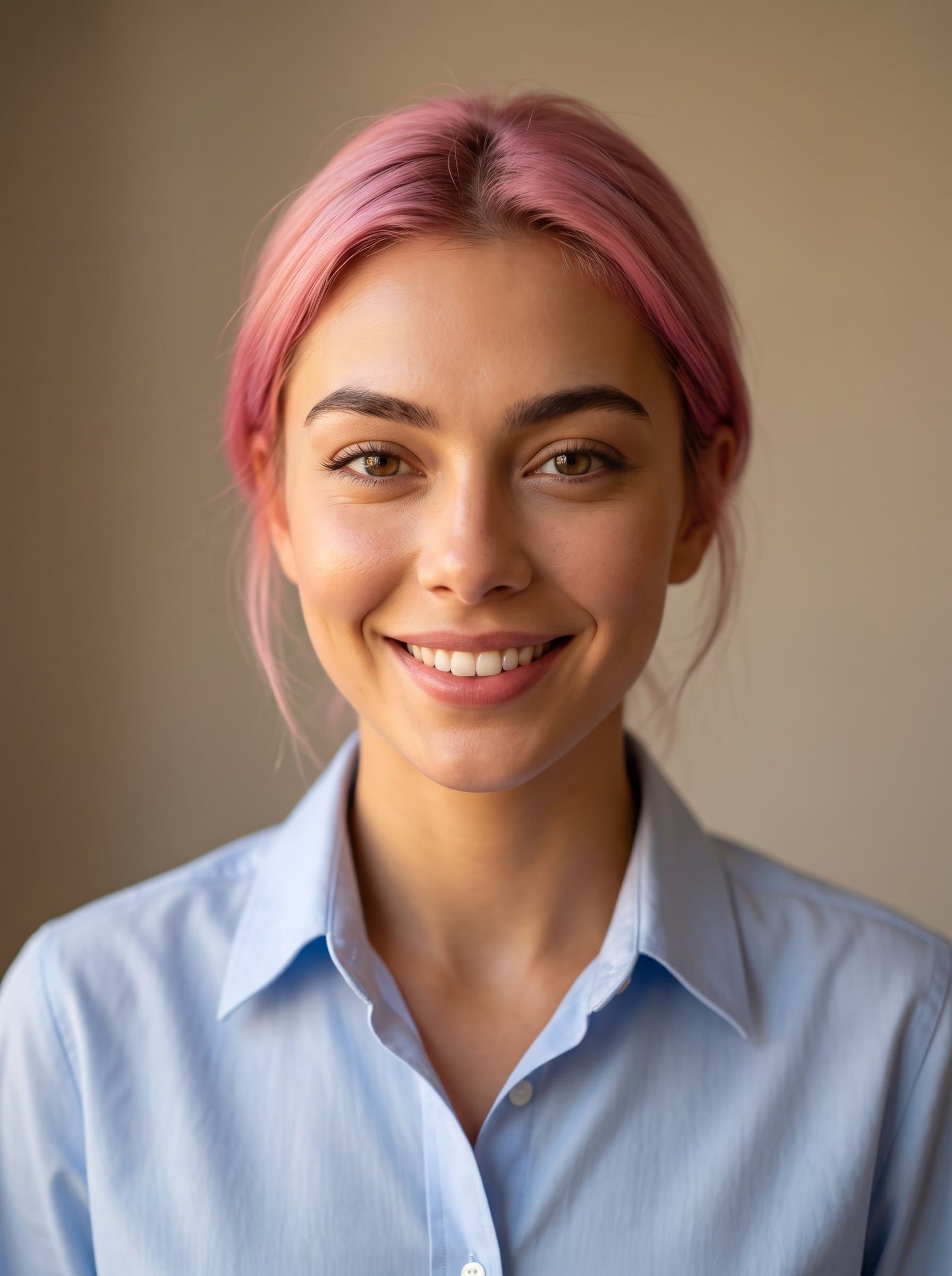 formal school attire with a modern twist, light blue shirt, neutral tan background, soft focus, warm lighting that highlights genuine expression, timeless yet contemporary AI-rendered headshot.