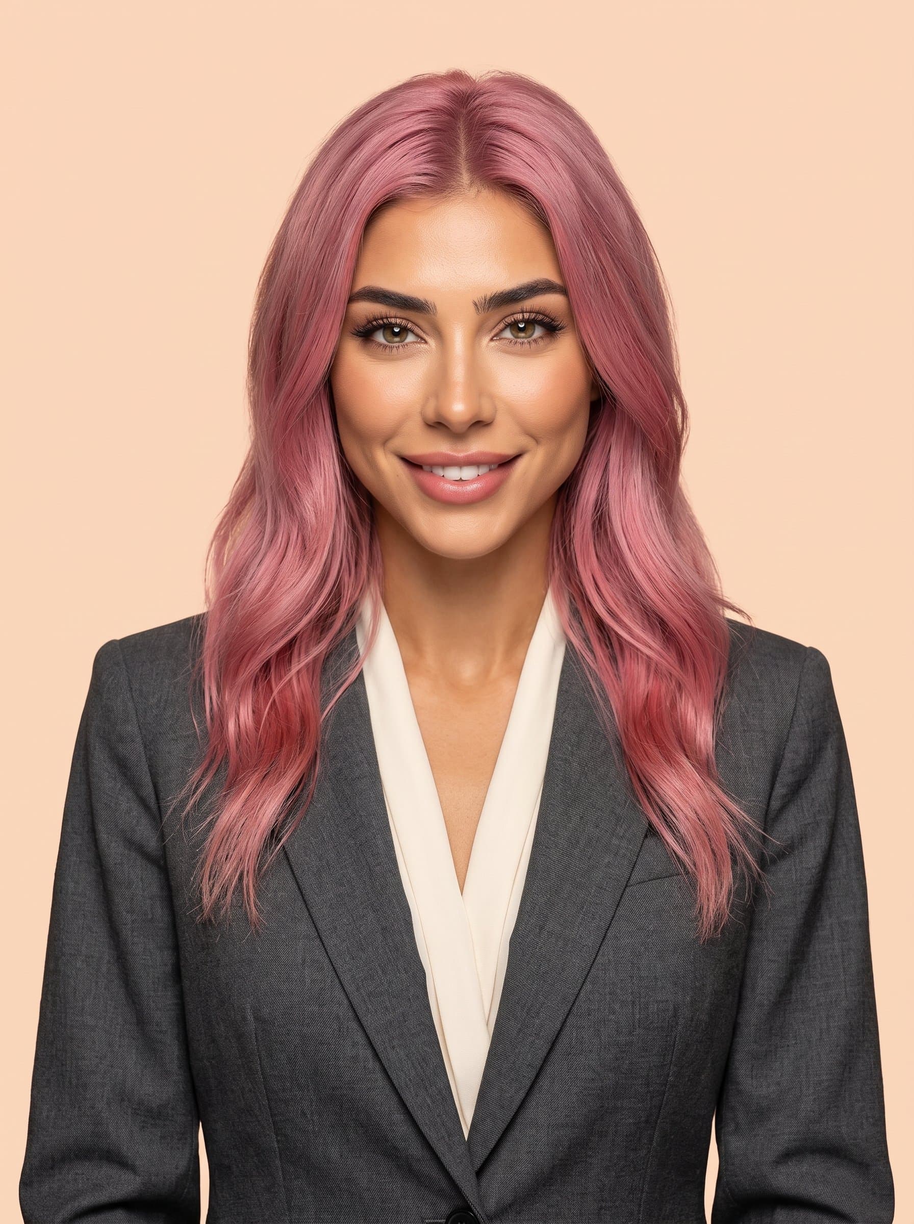 the embodiment of future aspirations, wearing a tailored blazer, light peach background, hint of a smile, precise lighting accentuates facial features for an AI-crafted timeless yearbook photo.