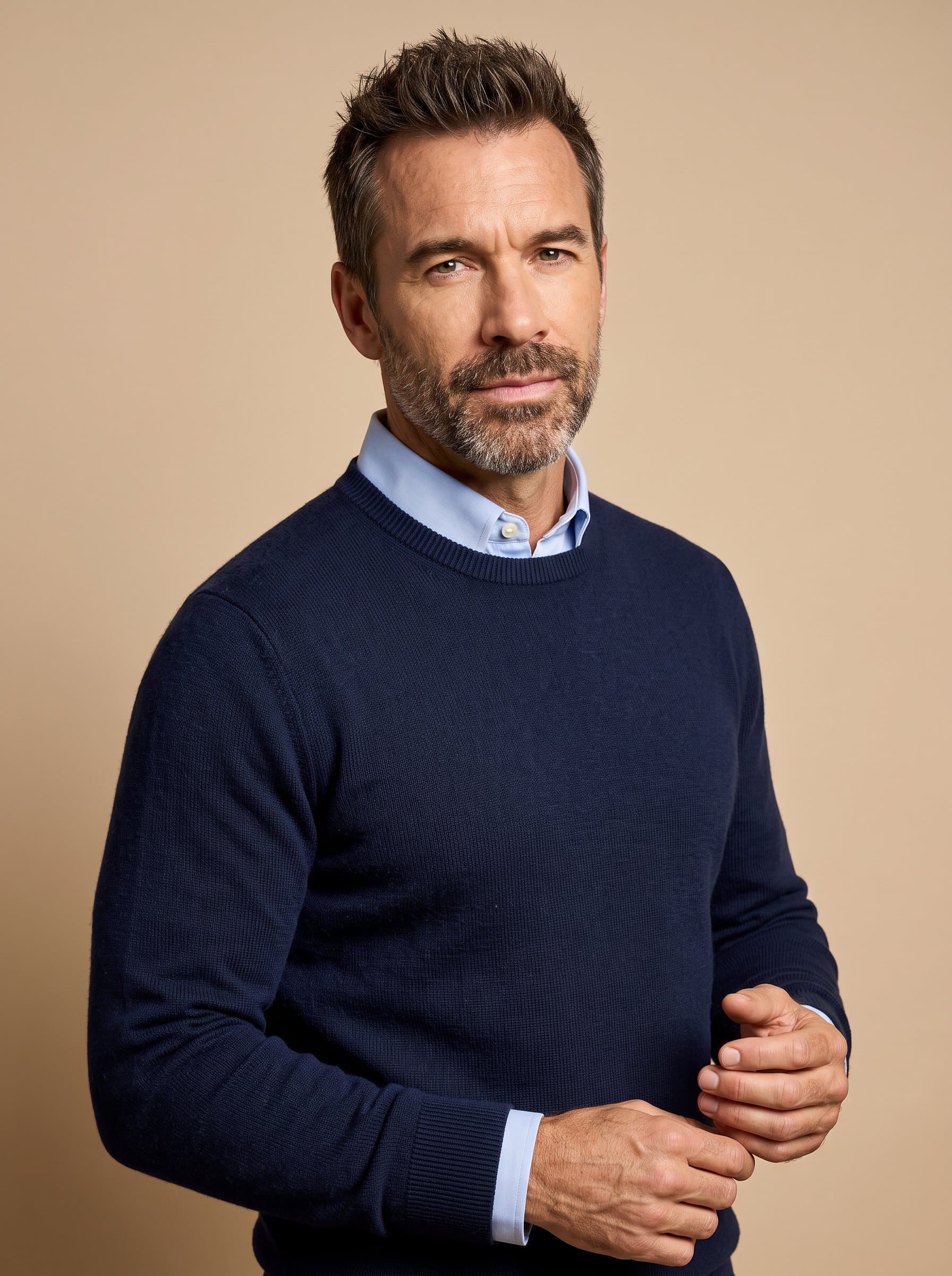 student in a classic navy sweater over collared shirt, tidy hair, simple beige backdrop, subtle warm lighting, embodying academic excellence and poised demeanor, each pixel enhanced for lifelike clarity.