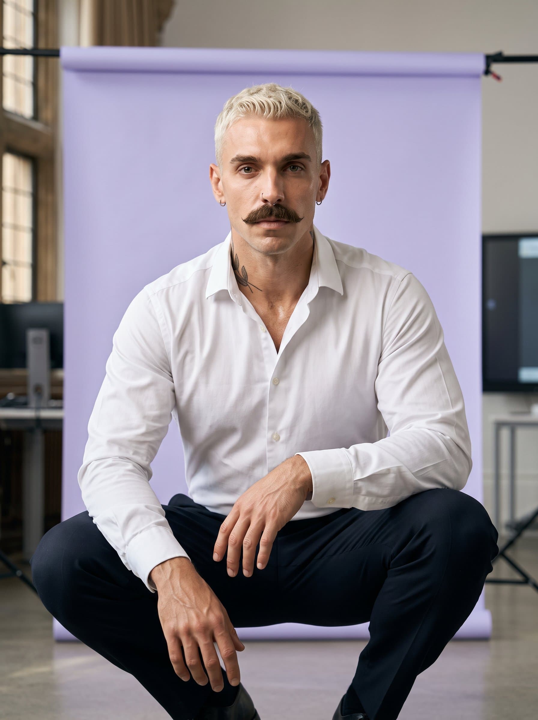 crisp white dress shirt, light lavender backdrop, meticulous lighting showcases tranquility and aspiration, AI photo illustrates a balanced blend of tradition and modernity in a school setting.