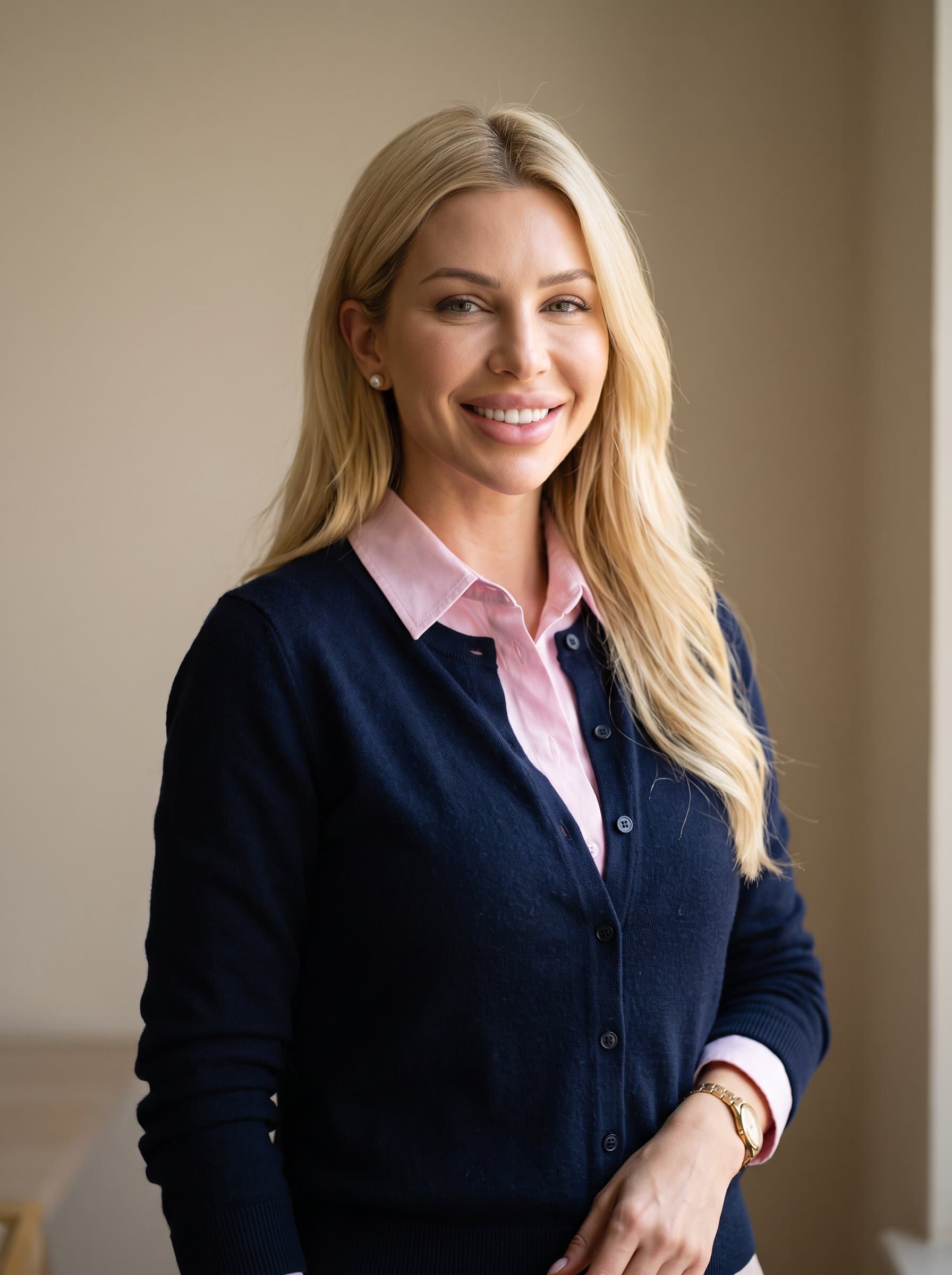 elegantly simple, in a dark cardigan over a pastel shirt, neutral beige backdrop, soft lighting draws out a genuine smile, AI-generated clarity portrays a calm and formal school atmosphere.