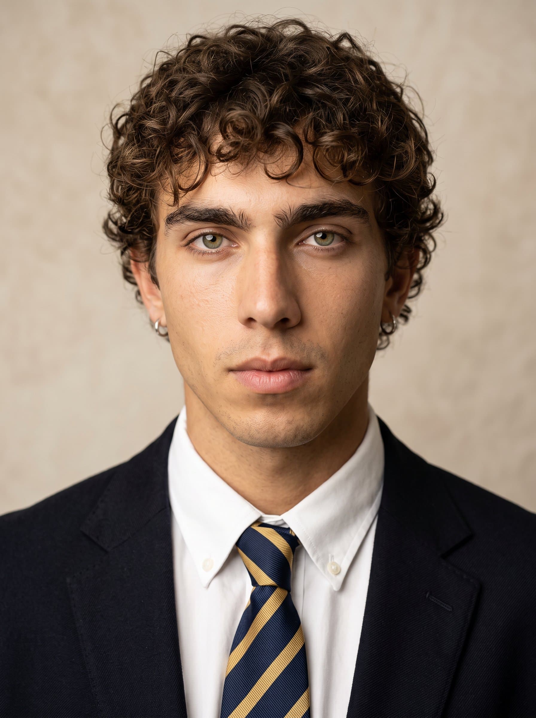 classic headshot pose, striped tie, light tan background, soft lighting enhances a composed demeanor, AI delivers a lifelike rendering, blending academic tradition with contemporary clarity.