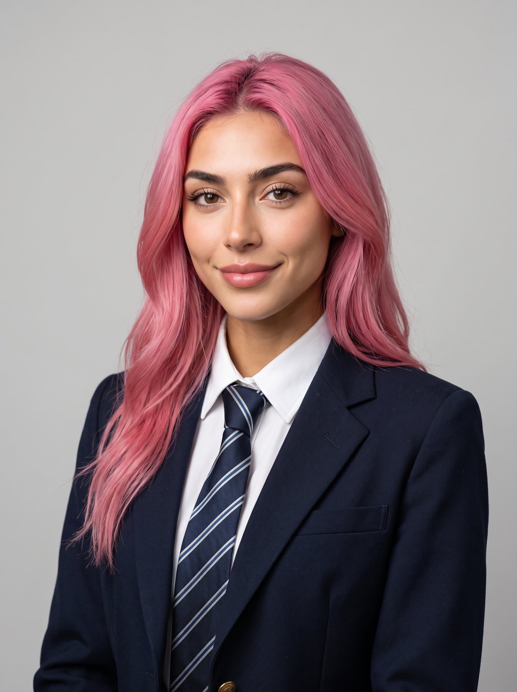 high school senior in a dark blazer, white shirt, and tie, neutral light gray backdrop, gentle smile, soft even lighting, capturing youthful confidence and optimistic gaze, AI-generated photorealistic detail.