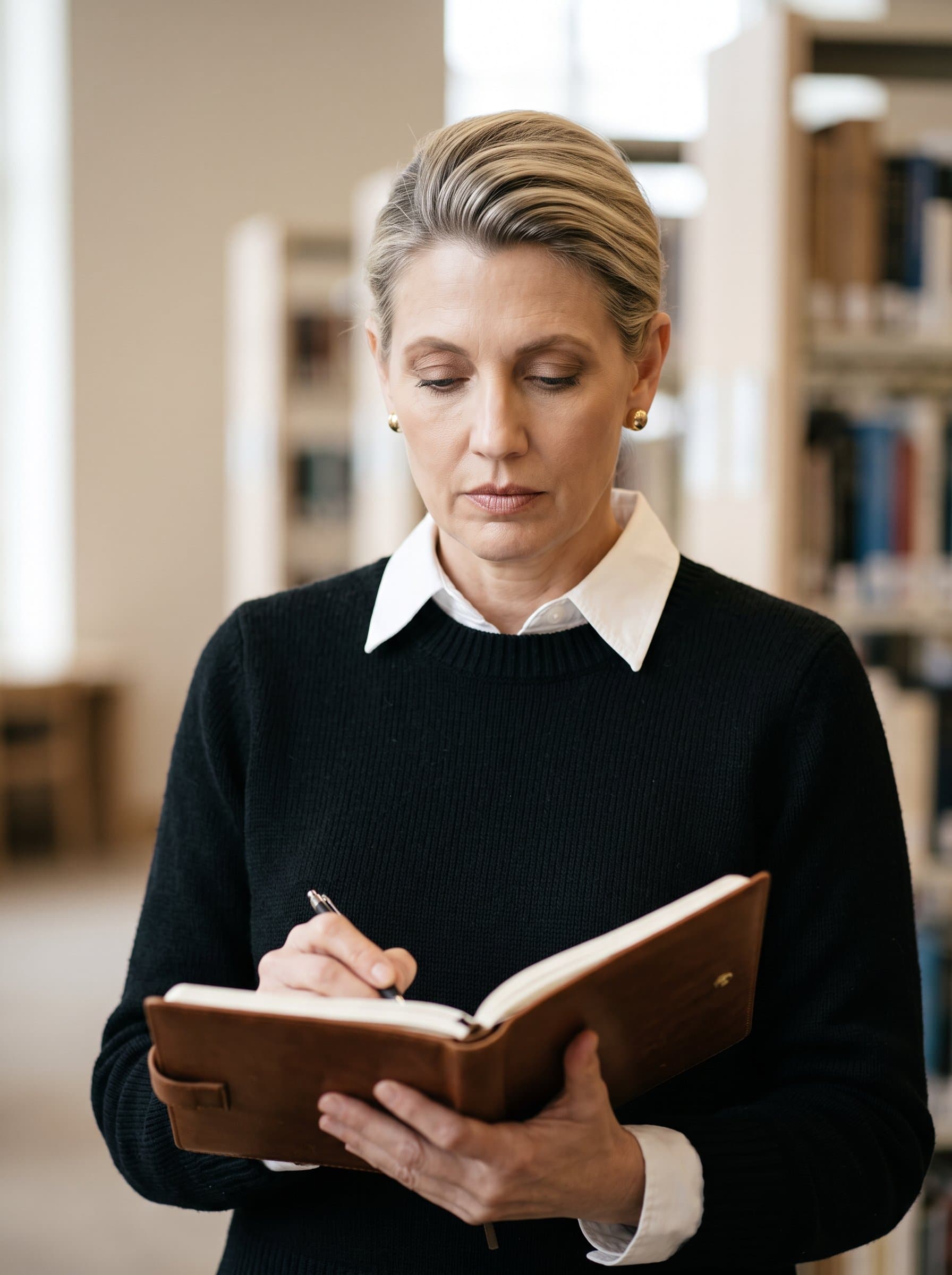formal academic attire, wearing a black sweater with visible white collar, soft neutral backdrop, subtle lighting highlights a focused expression, AI captures the essence of scholarly dedication.
