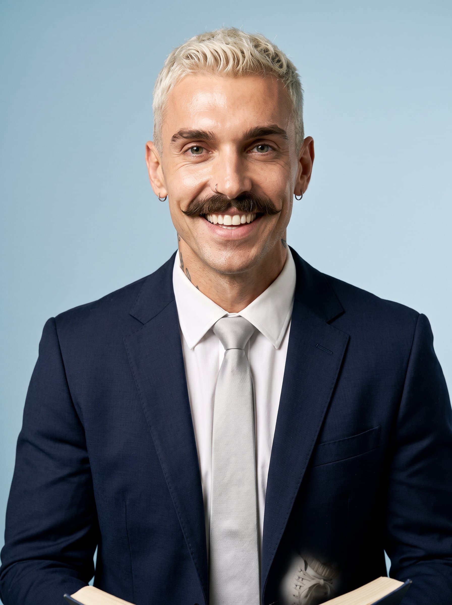 depicting youthful enthusiasm, navy blazer, white shirt, subtle silver tie, light blue backdrop, meticulously balanced lighting, AI artfully emphasizes a sense of hope and academic pursuit.