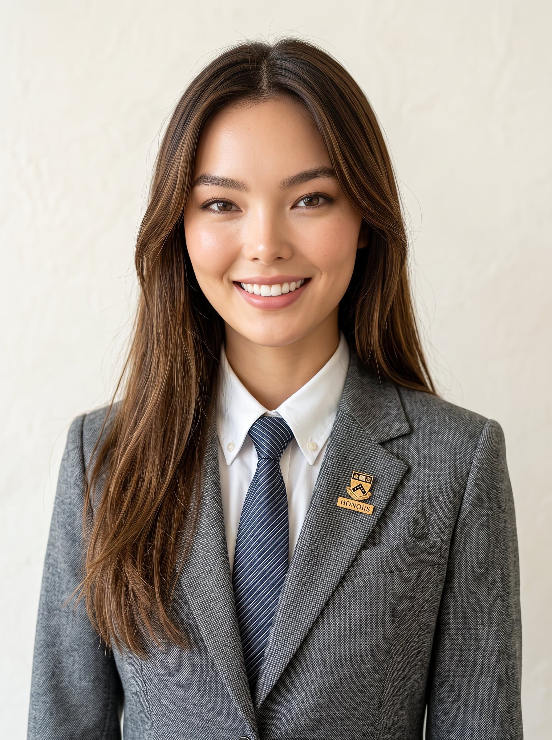 capturing the essence of youthful ambition, wearing a gray suit, light cream background, soft and direct lighting ensures a vibrant yet composed AI-rendered headshot, showcasing educational pride.