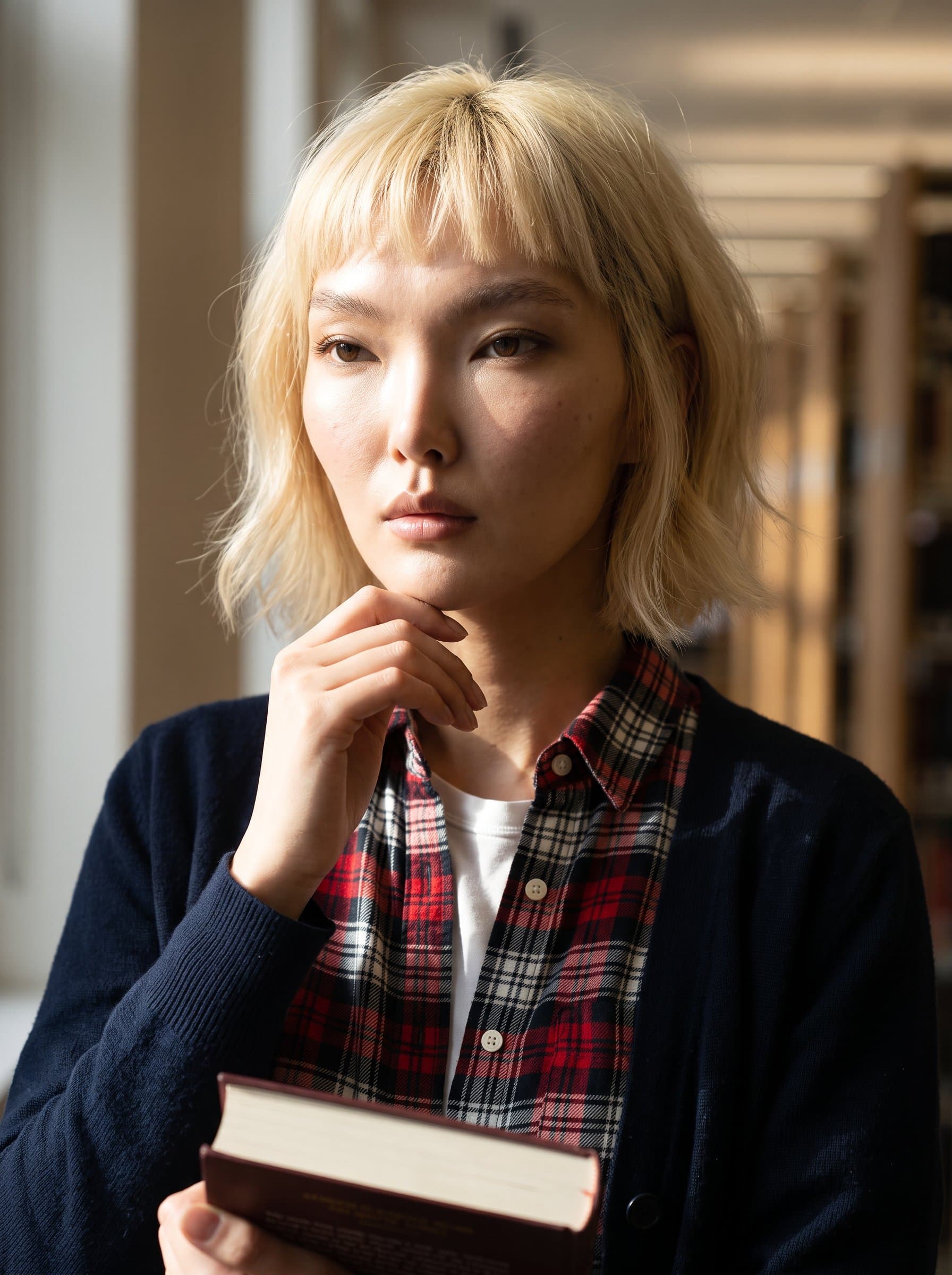 featuring a classic school look, in a checkered shirt and neutral backdrop, lighting that accentuates a thoughtful and earnest expression, AI precision in capturing timeless academic presence.