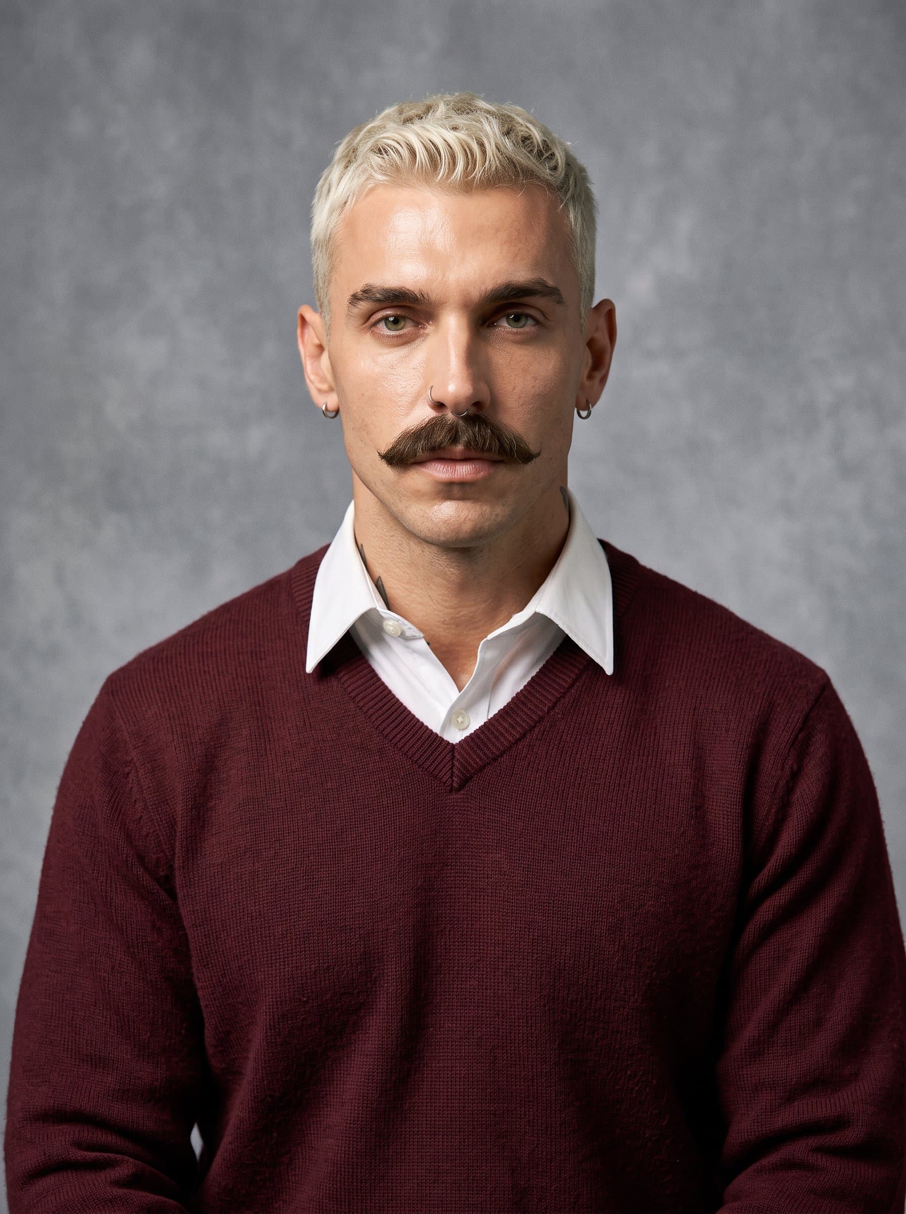 classic school portrait style, in a maroon pullover, white shirt collar visible, soft gray backdrop, even lighting, AI brings out the essence of ambition and scholastic dedication.