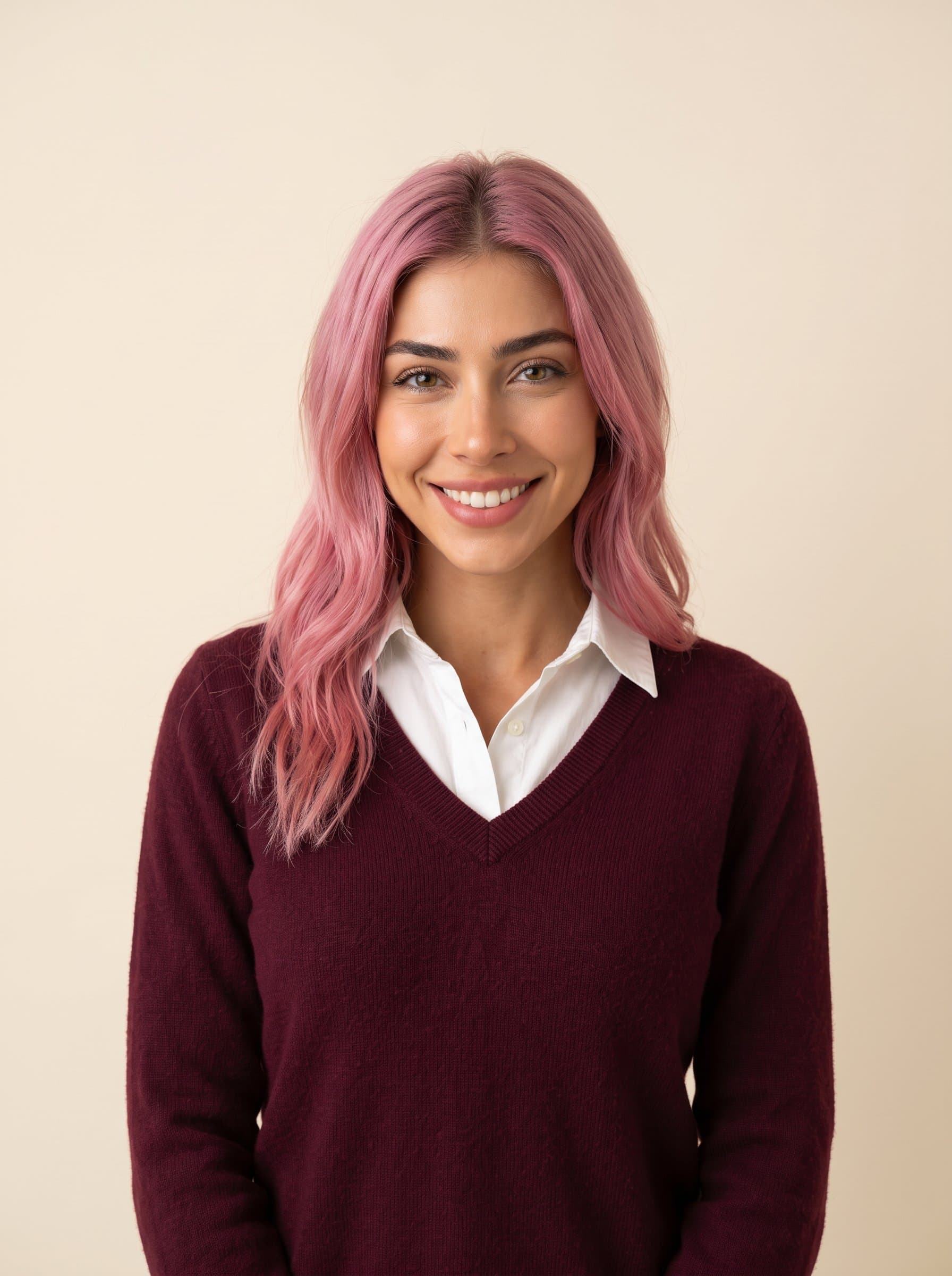 wearing a burgundy sweater over a white shirt, light cream backdrop, understated lighting draws out a friendly and approachable expression, AI photorealism blends tradition with modern clarity.